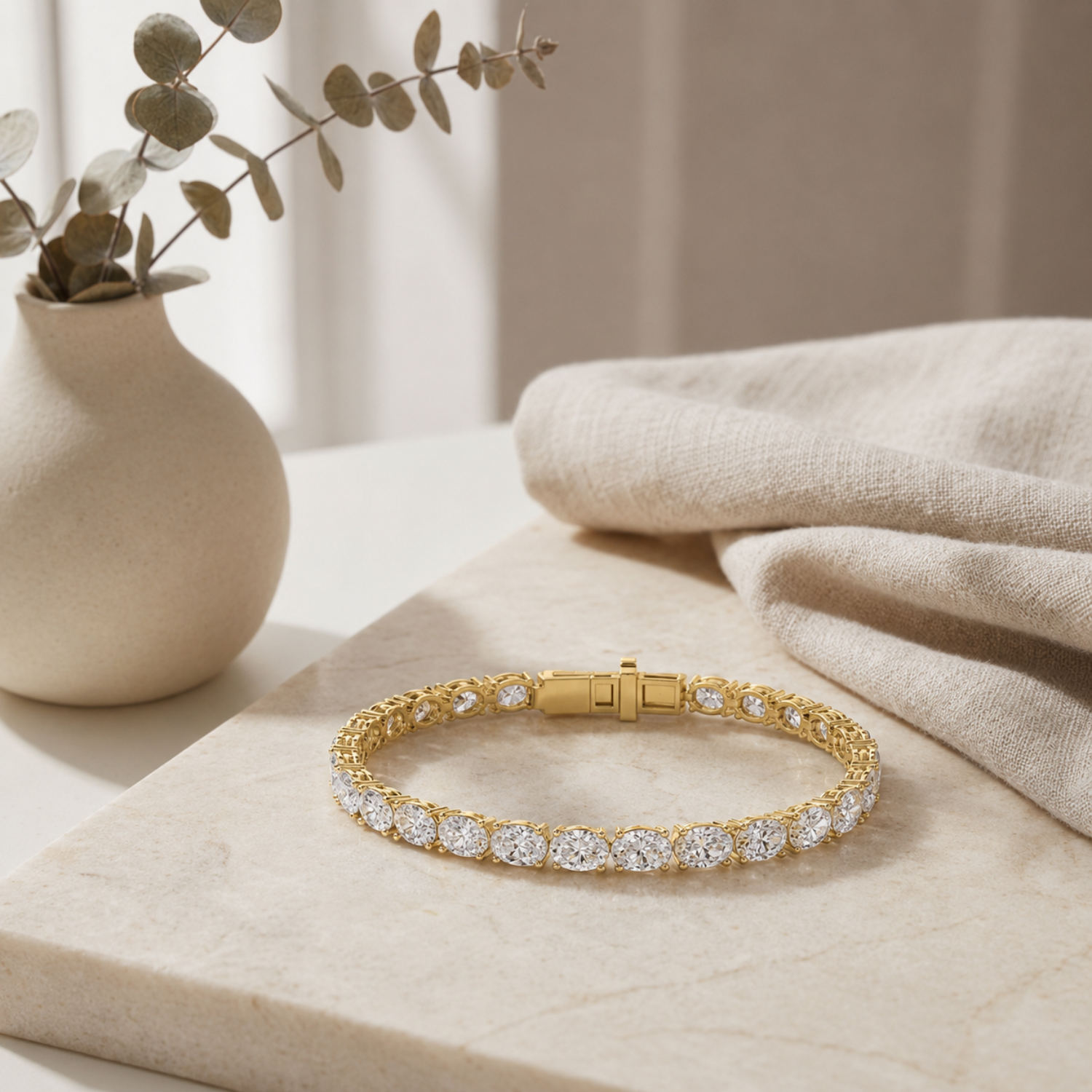 Oval (F/VS) Lab Grown Diamond Prong 14K Yellow Gold Classic Line Tennis Bracelet
