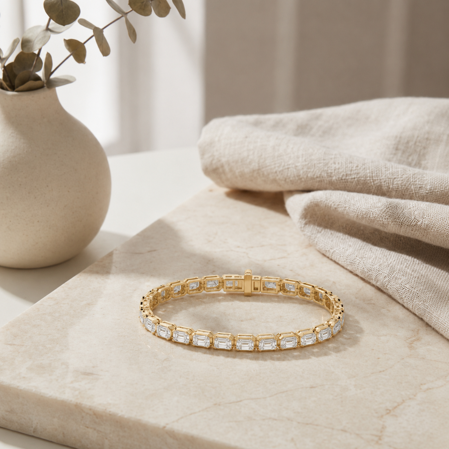 Emerald (F/VS) Lab Grown Diamond Bezel 14K Yellow Gold Tennis Bracelet
