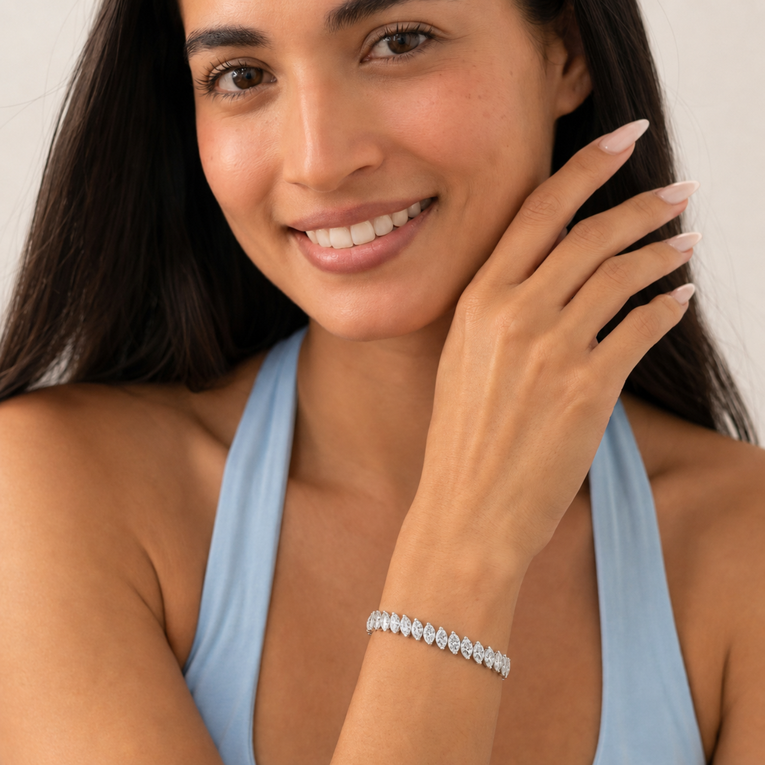 16.5 Ctw Marquise (F/VS) Lab Grown Diamond Prong 14K White Gold Angled Line Tennis Bracelet