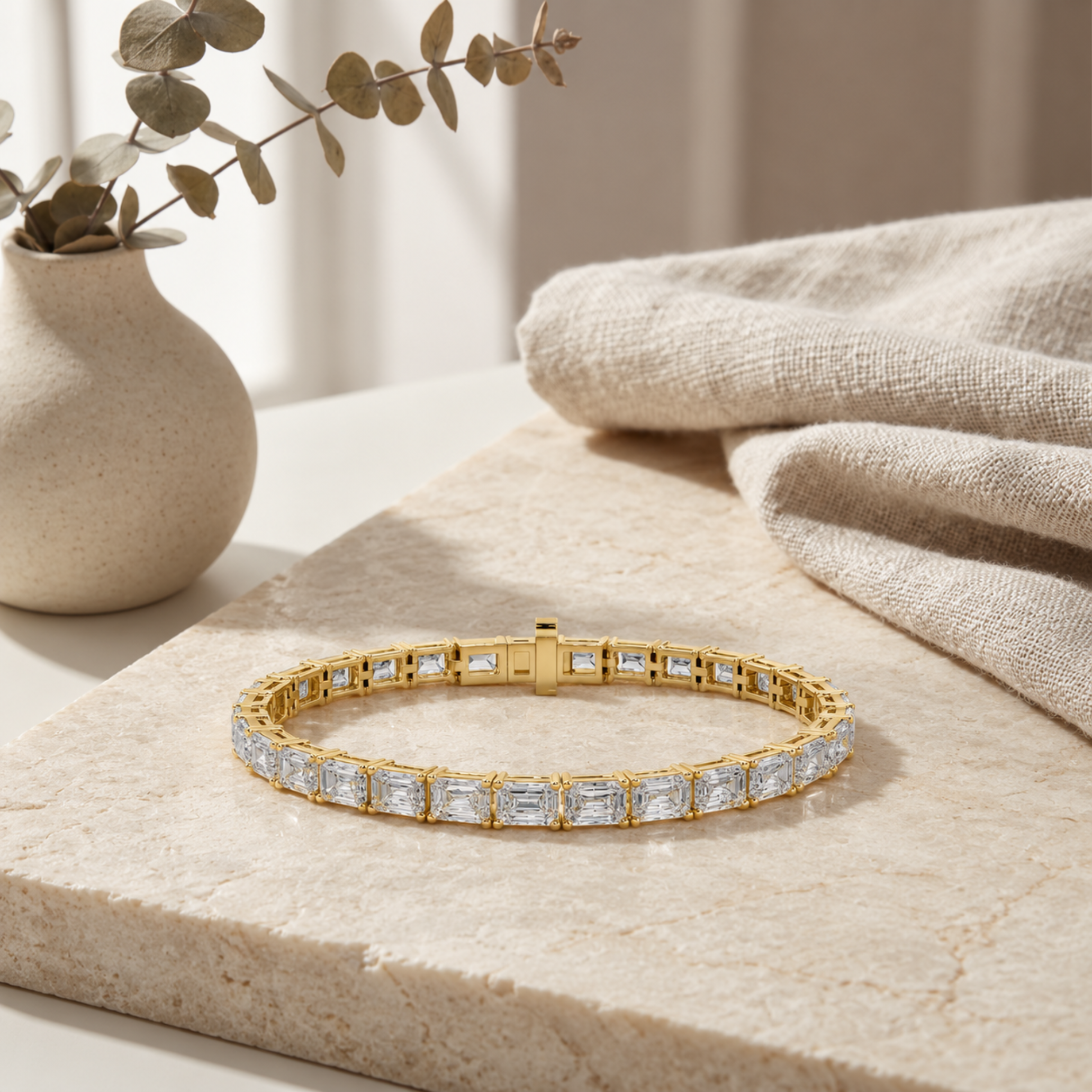 13Cttw Emerald Shaped Lab Grown Diamond (F/VS) Classic Line Bracelet in 14K Gold