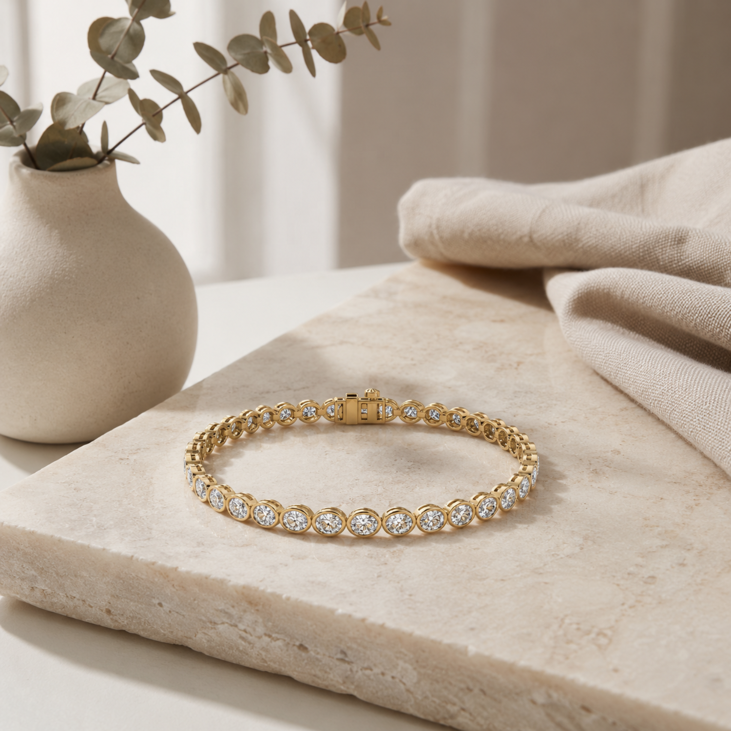 15Cttw Oval Shaped Lab Grown Diamond (F/VS) East West Bezel Set Bracelet in 14K Gold