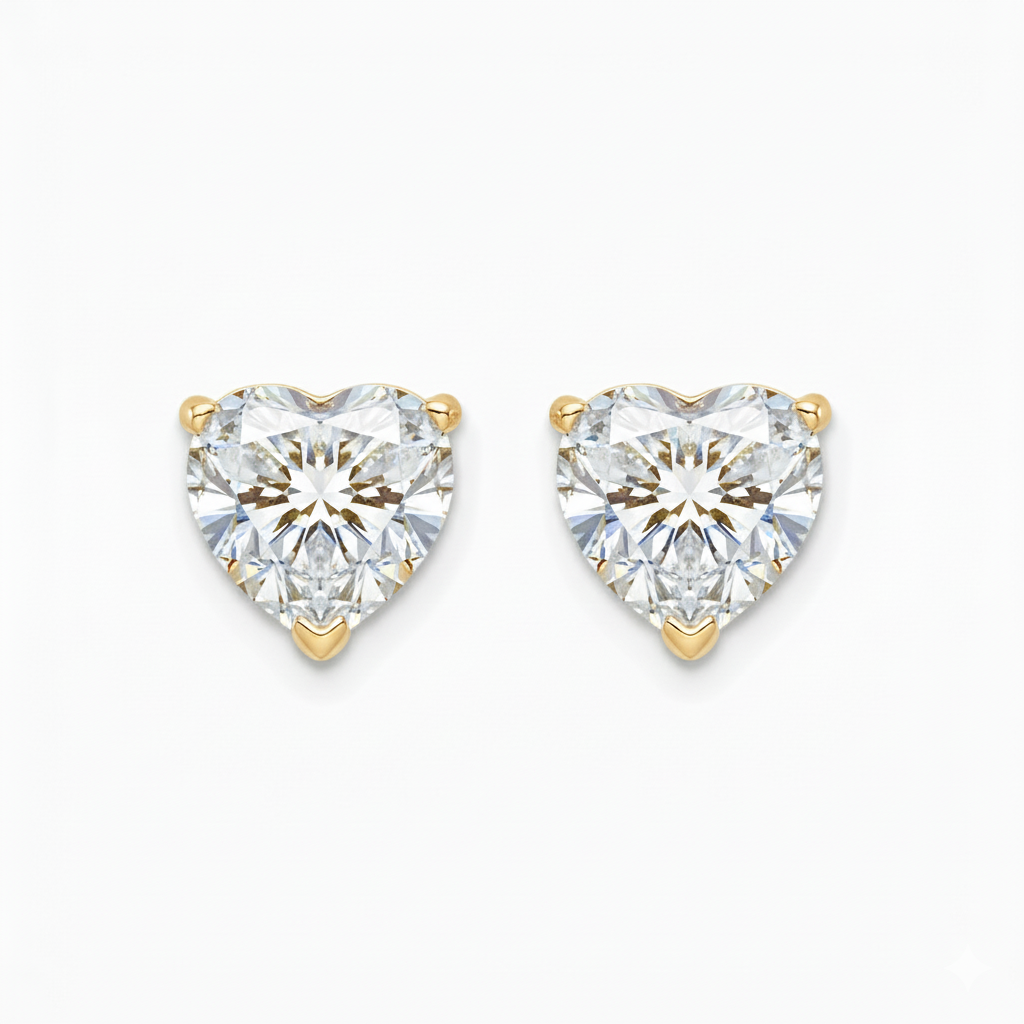 IGI Certified Heart Lab Grown Diamond Solitaire Stud Earrings Yellow Gold