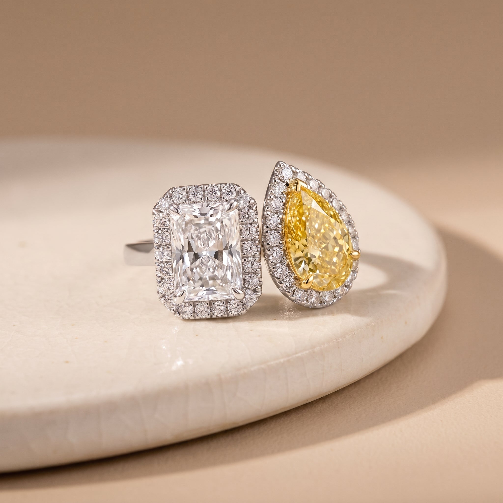3Cttw Radiant Shaped Lab Grown Diamond (F/VVS) Toi et Moi Fashion Engagement Ring 14K Gold