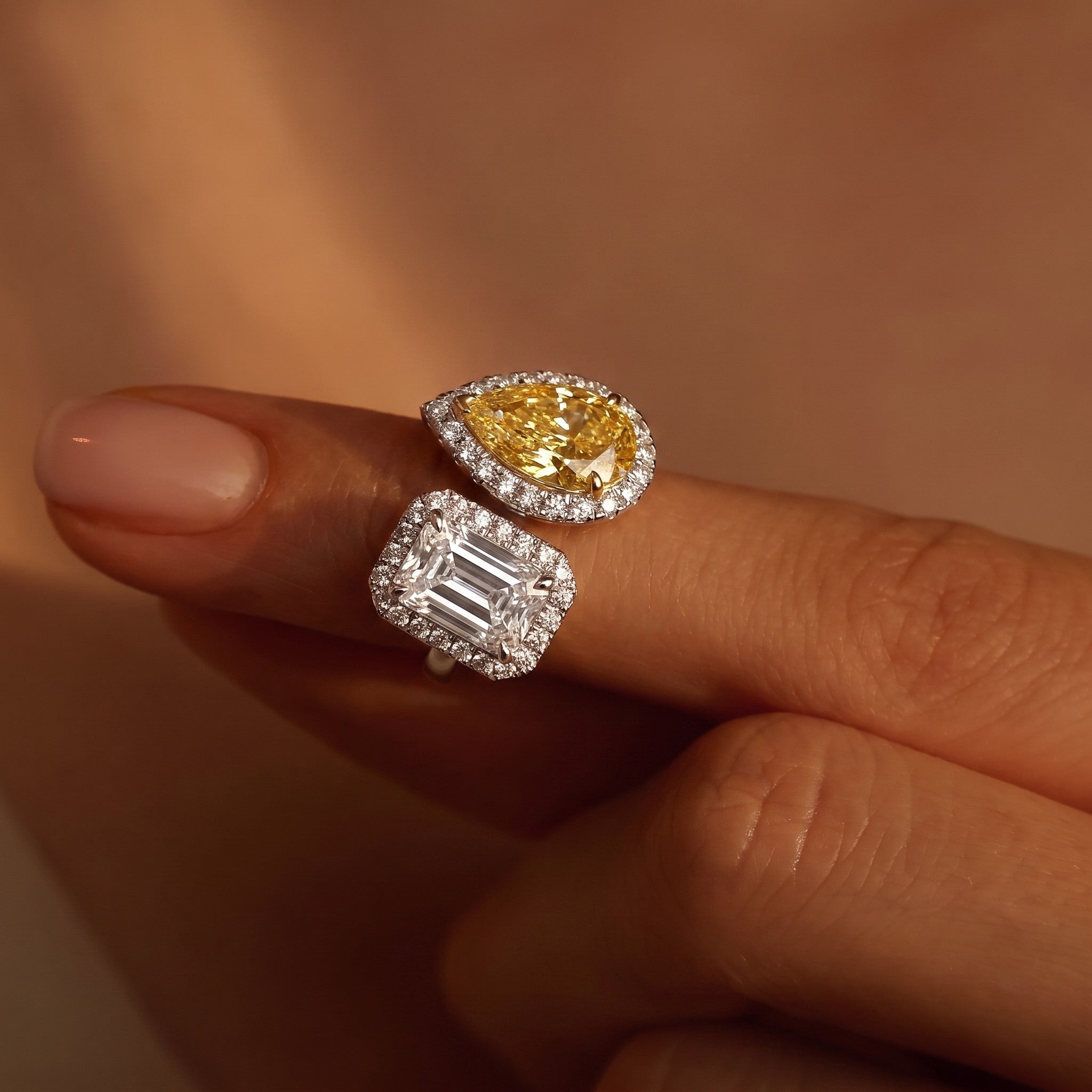 3Cttw Radiant Shaped Lab Grown Diamond (F/VVS) Toi et Moi Fashion Engagement Ring 14K Gold