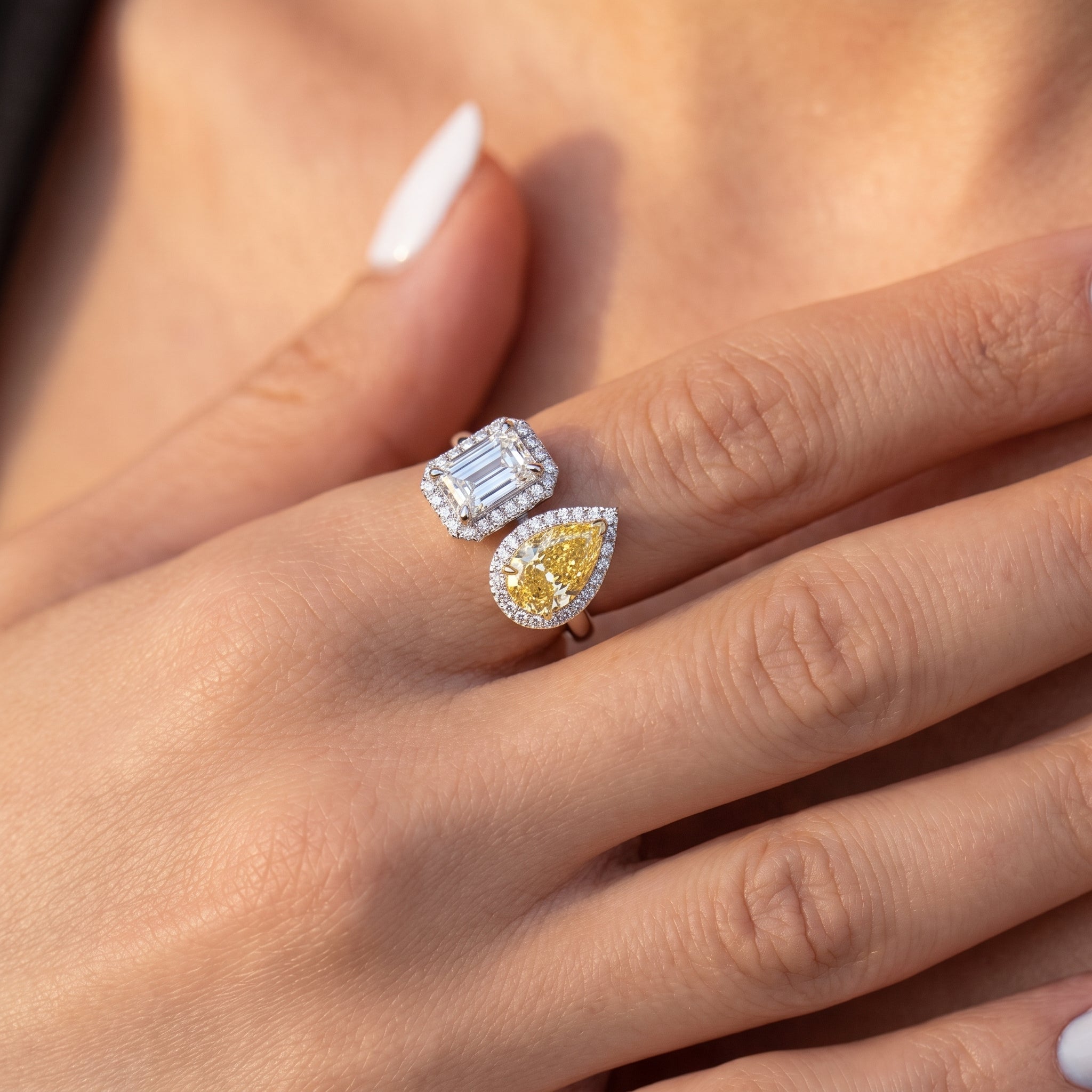 3Cttw Radiant Shaped Lab Grown Diamond (F/VVS) Toi et Moi Fashion Engagement Ring 14K Gold