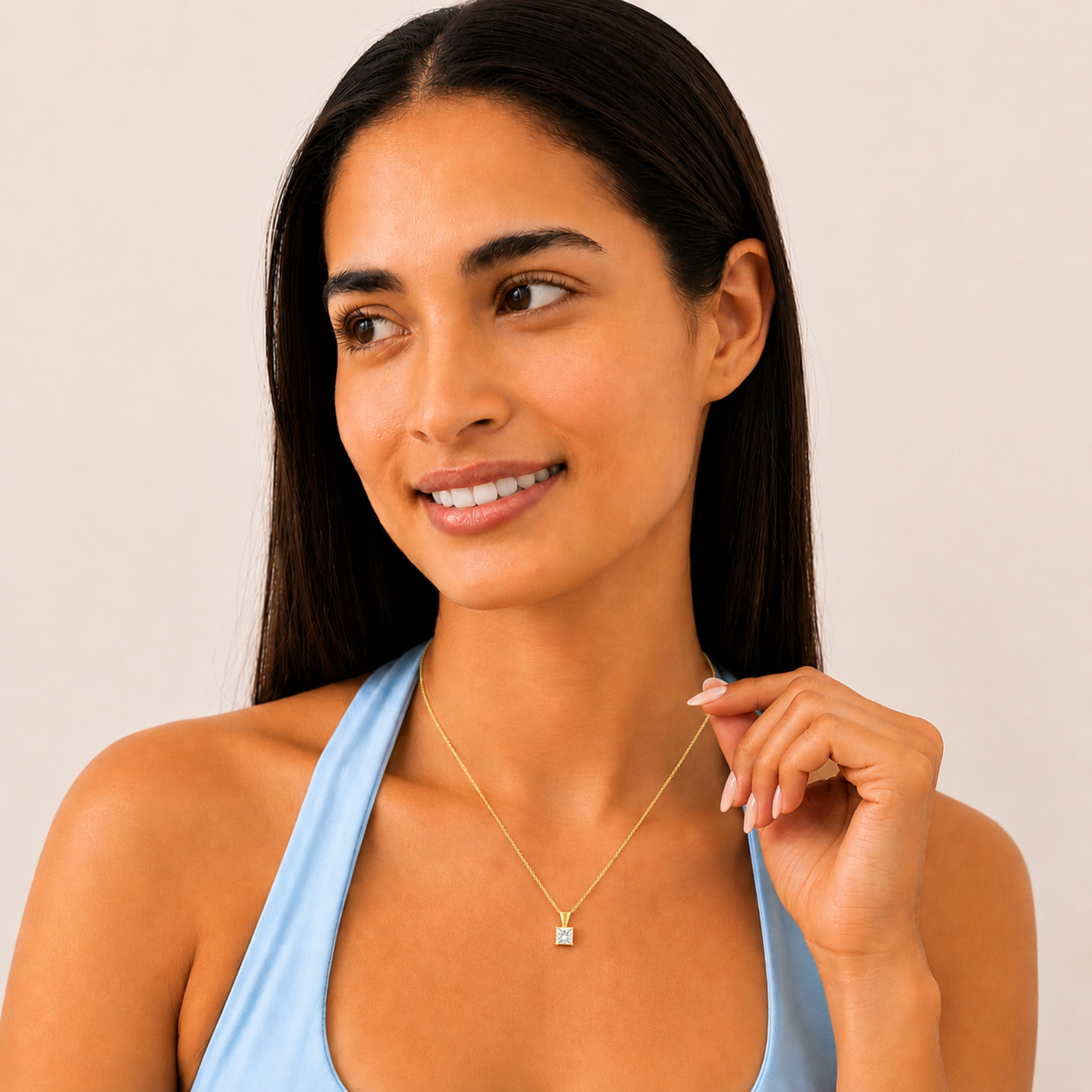Princess (F/VS) Lab Grown Diamond Prong 14K Yellow Gold Split Bale Solitaire Pendant Necklace