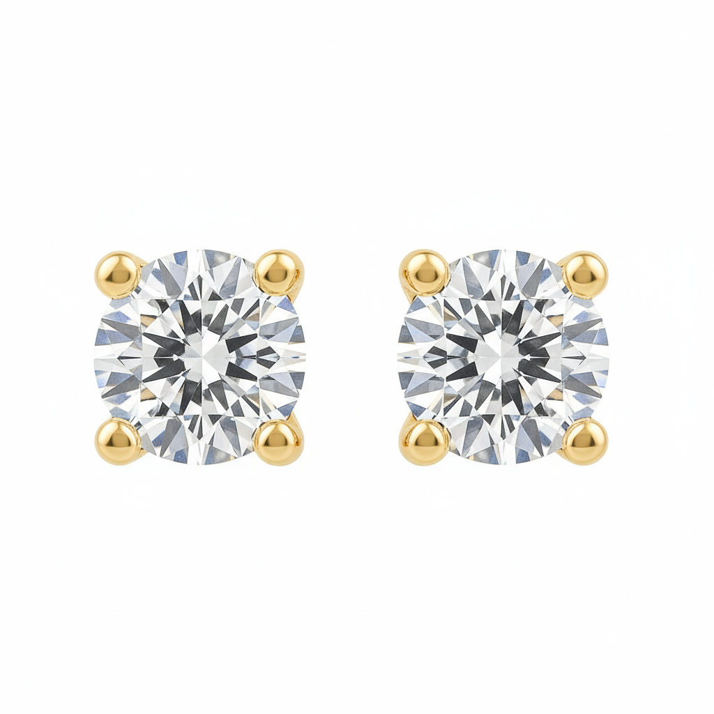 IGI Certified Round Lab Grown Diamond Stud Earrings Yellow Gold