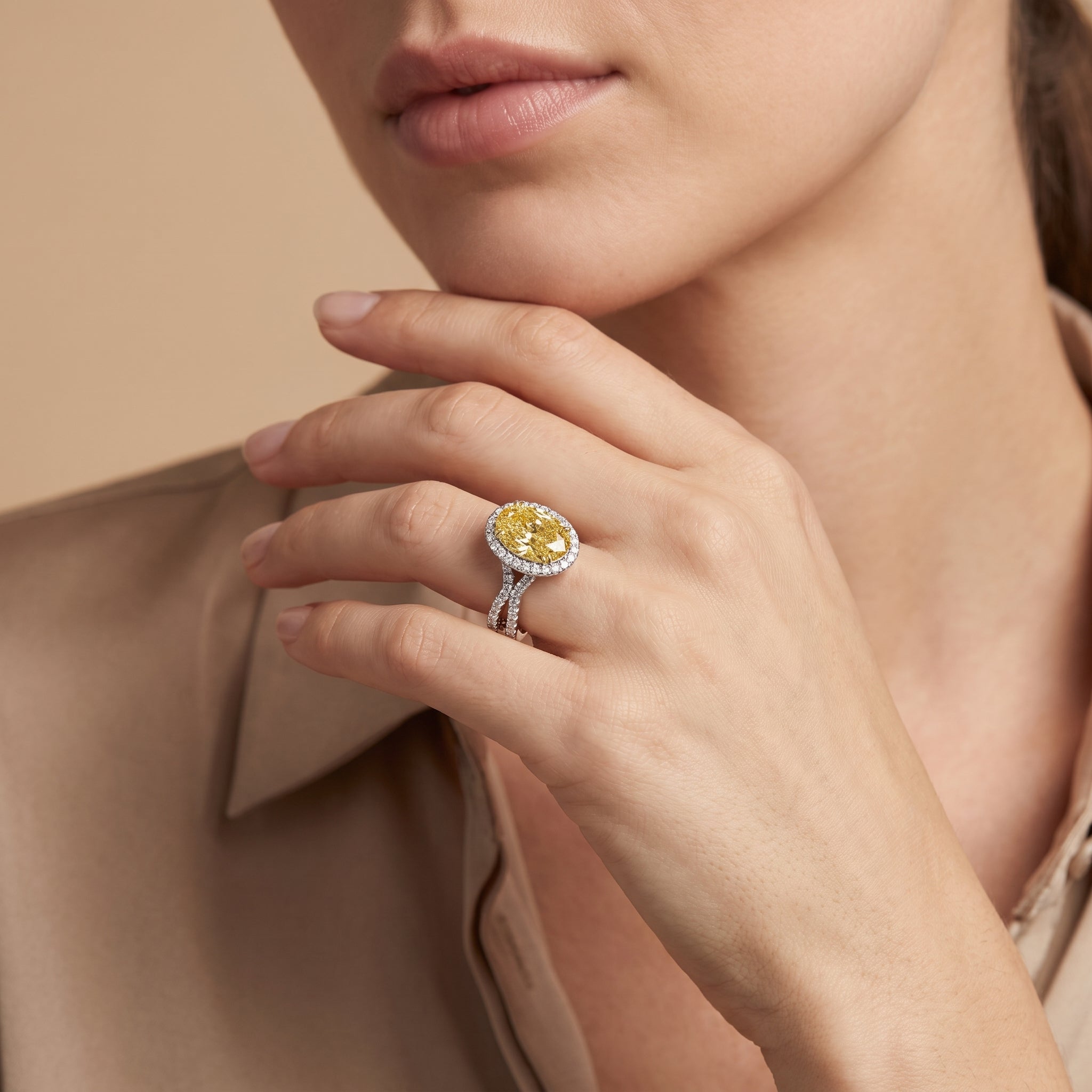4Cttw Oval Shaped Yellow Lab Grown Diamond (F/VS) Split Shank Halo Engagement Ring in 14K Gold