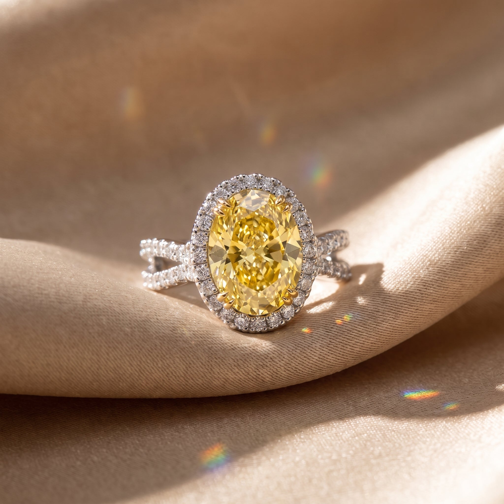 4Cttw Oval Shaped Yellow Lab Grown Diamond (F/VS) Split Shank Halo Engagement Ring in 14K Gold