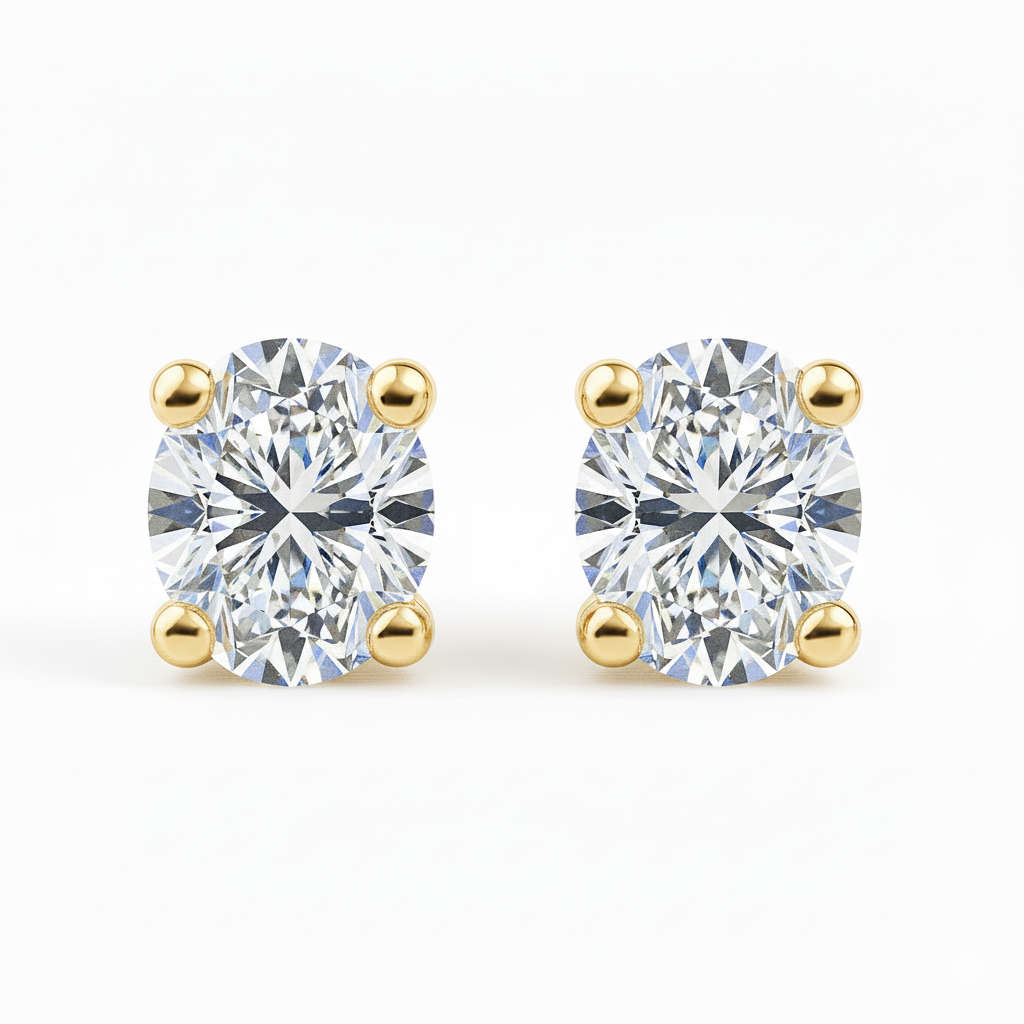 IGI Certified Oval Lab Grown Diamond Solitaire Stud Earrings Yellow Gold