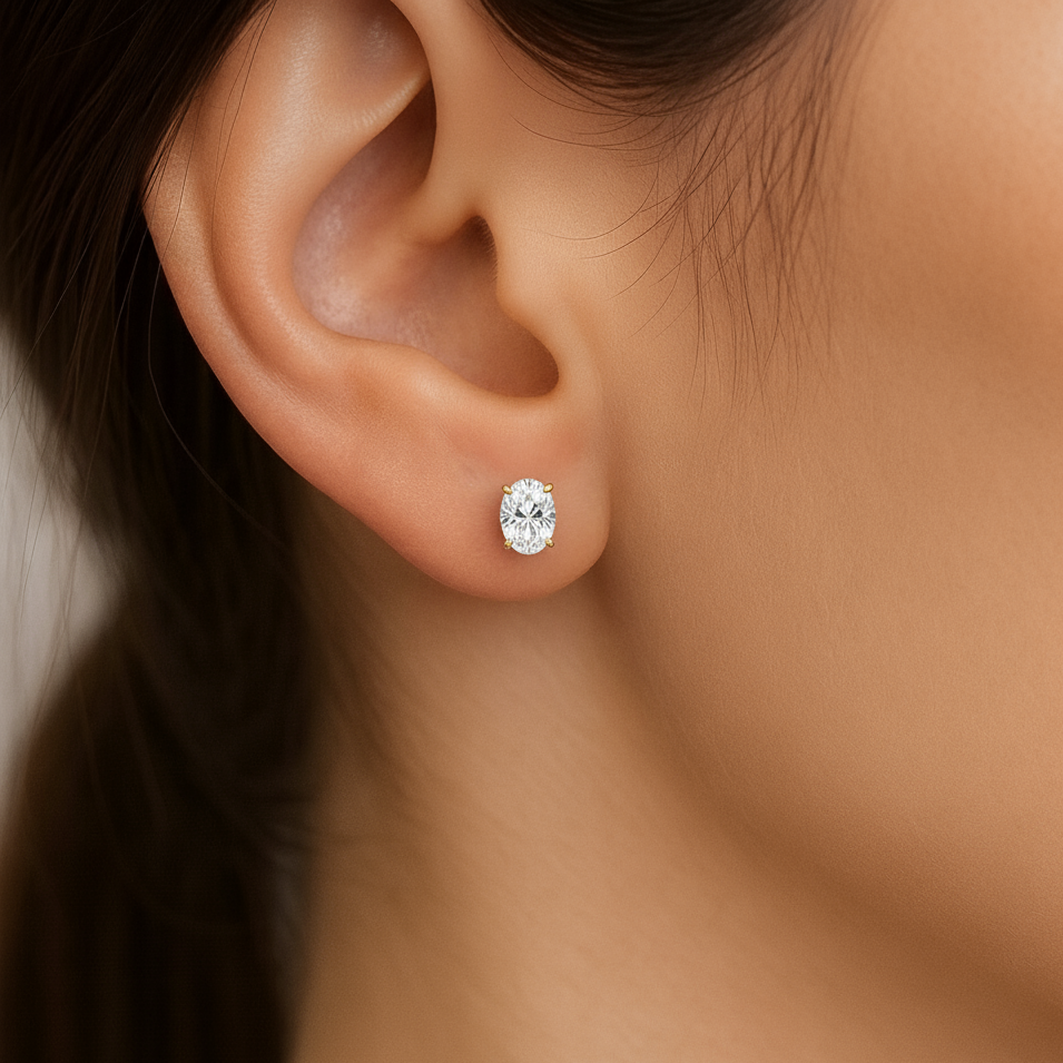 IGI Certified Oval Lab Grown Diamond Solitaire Stud Earrings Yellow Gold