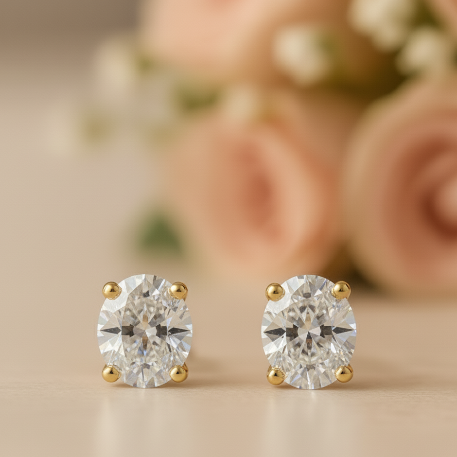 IGI Certified Oval Lab Grown Diamond Solitaire Stud Earrings Yellow Gold