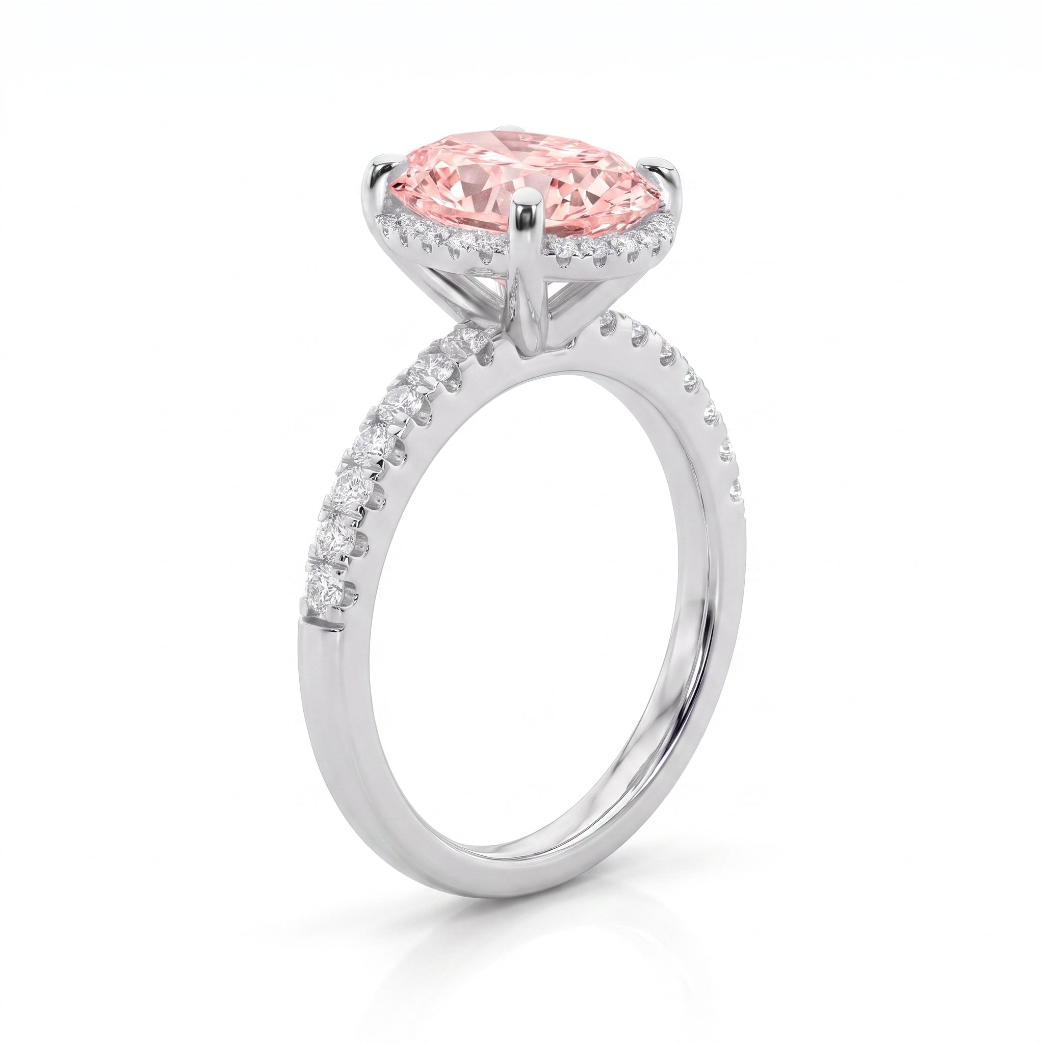 2Cttw Oval Shaped Pink Lab Grown Diamond (F/VS) Halo Accented Engagement Ring in 14K Gold