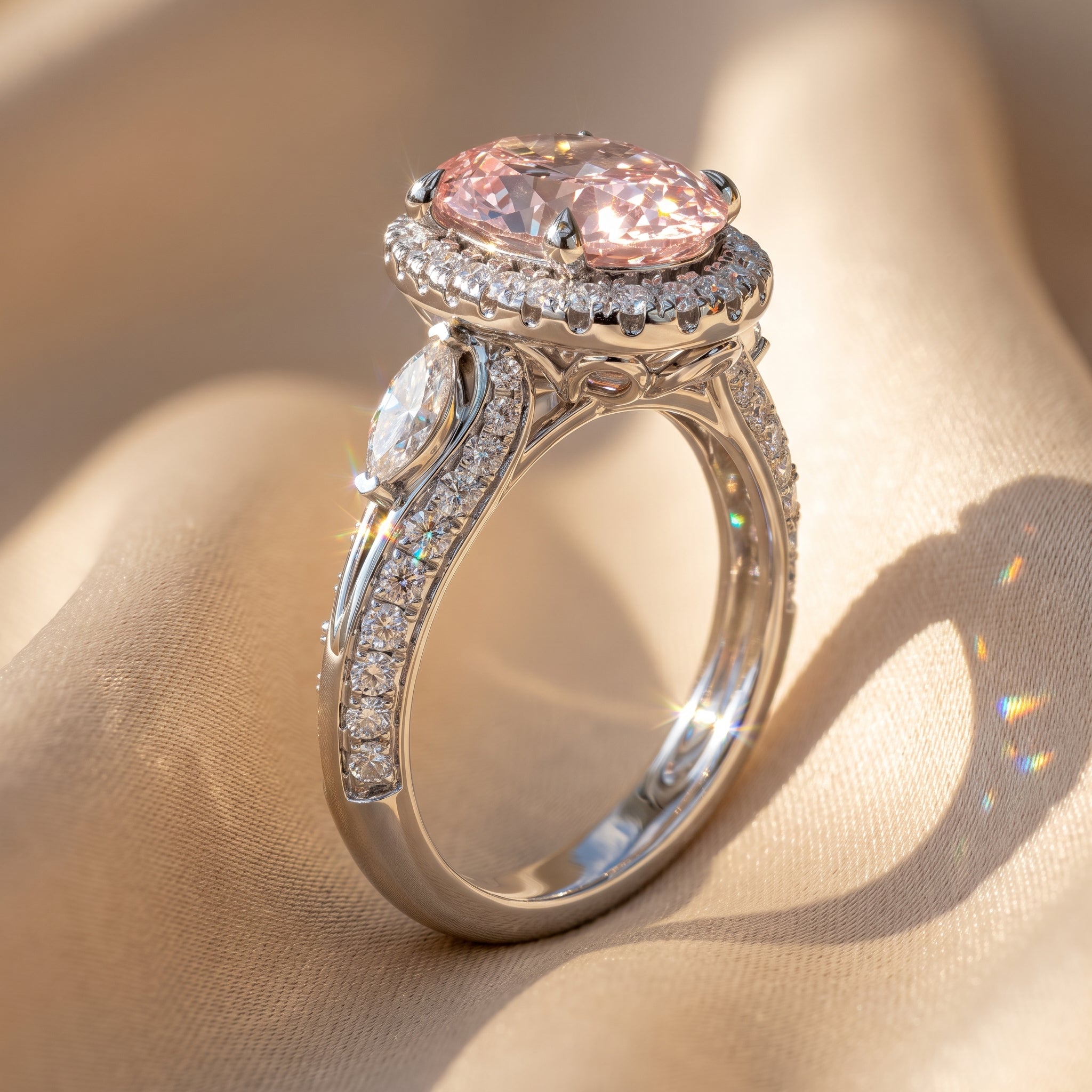 3Cttw Oval Shaped Pink Lab Grown Diamond (F/VS) Three Stone Halo Engagement Ring in 14K Gold