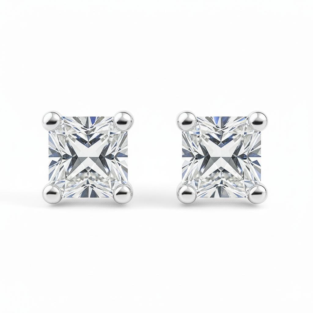 IGI Certified Princess Cut Lab Grown Diamond Solitaire Stud Earrings White Gold