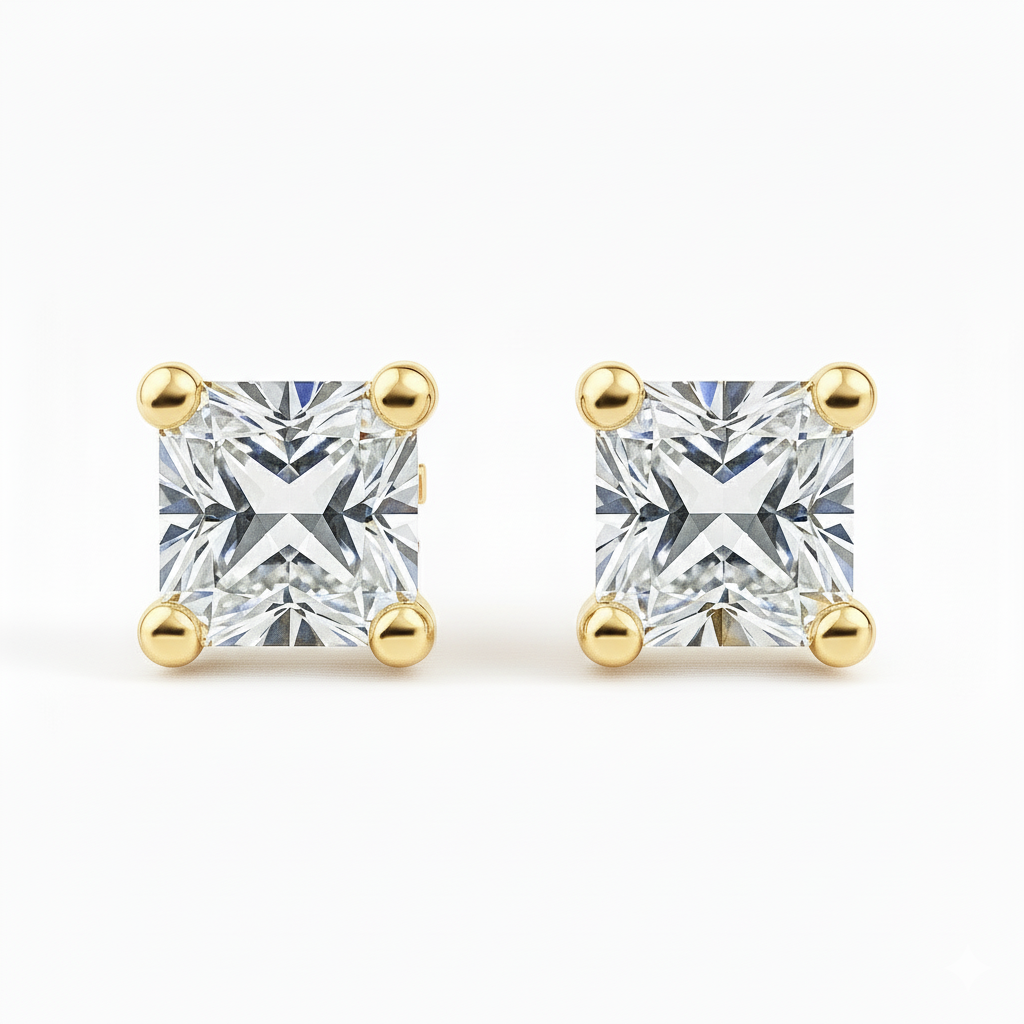 IGI Certified Princess Cut Lab Grown Diamond Solitaire Stud Earrings Yellow Gold