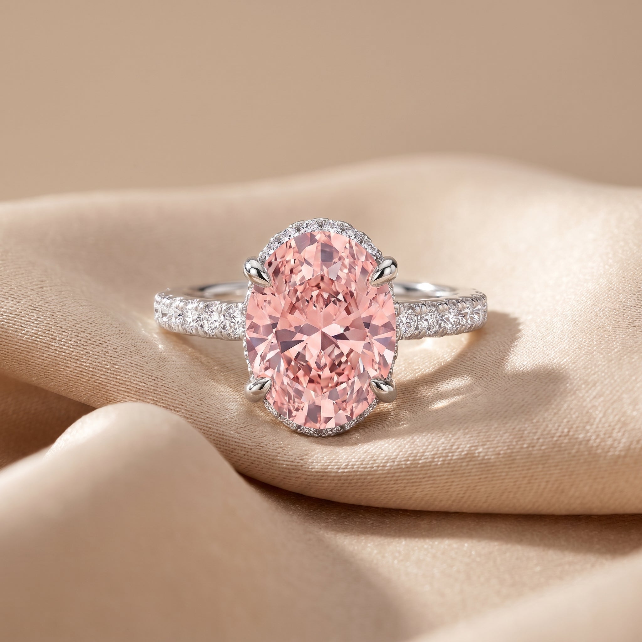 2Cttw Oval Shaped Pink Lab Grown Diamond (F/VS) Halo Accented Engagement Ring in 14K Gold