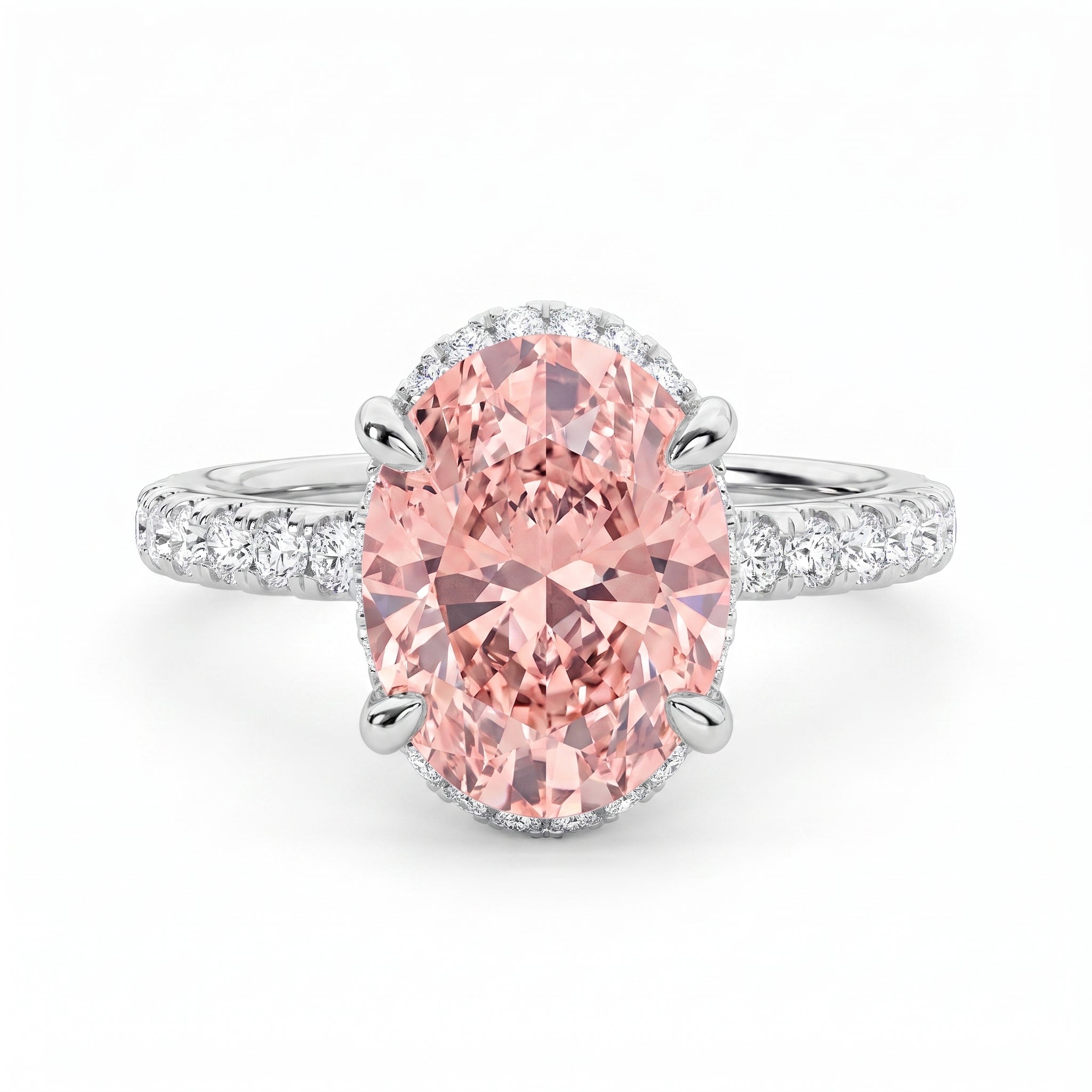 2Cttw Oval Shaped Pink Lab Grown Diamond (F/VS) Halo Accented Engagement Ring in 14K Gold