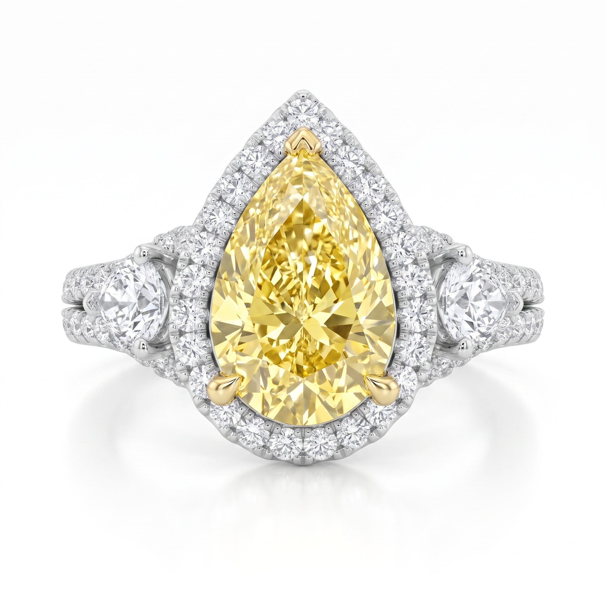 3Cttw Pear Shaped Yellow Lab Grown Diamond (F/VS) Three Stone Bold Accented Engagement Ring in 14K Gold