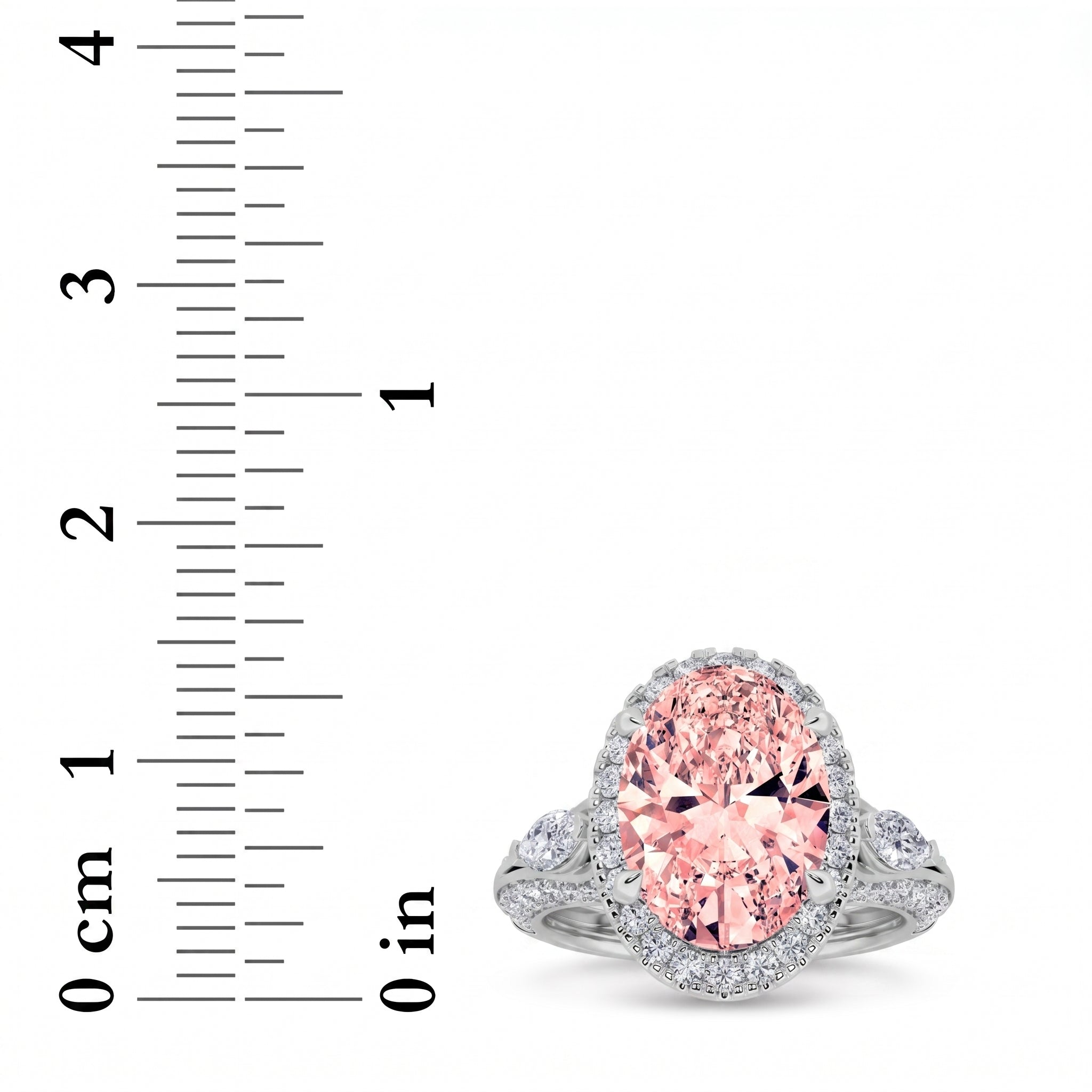 3Cttw Oval Shaped Pink Lab Grown Diamond (F/VS) Three Stone Halo Engagement Ring in 14K Gold