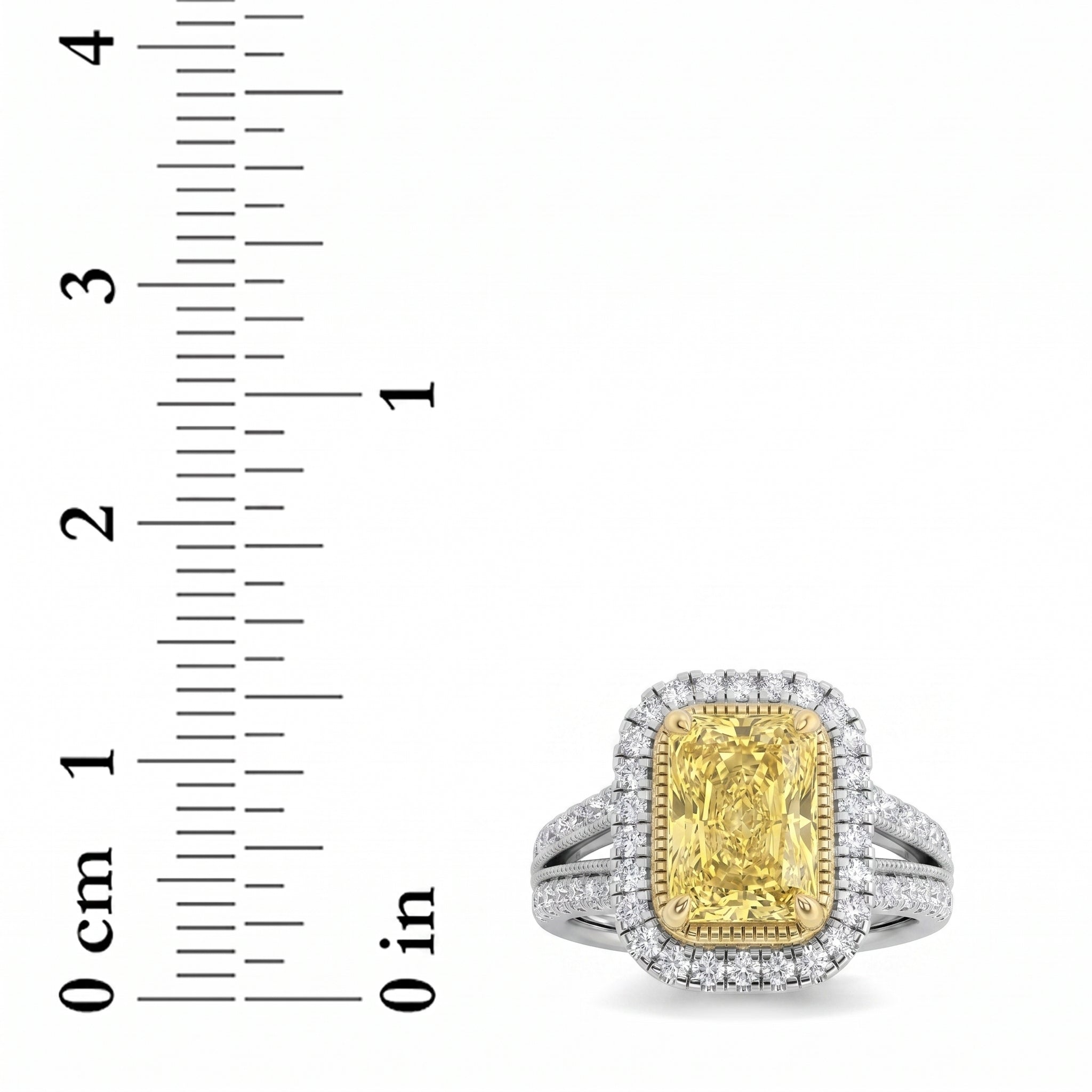 2.5Cttw Radiant Shaped Fancy Yellow Lab Grown Diamond (F/VS) Split Shank Halo Engagement Ring in 14K Gold