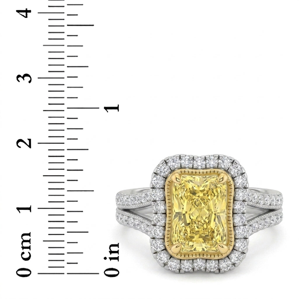 2.5Cttw Radiant Shaped Fancy Yellow Lab Grown Diamond (F/VS) Split Shank Engagement Halo Ring in 14K Gold
