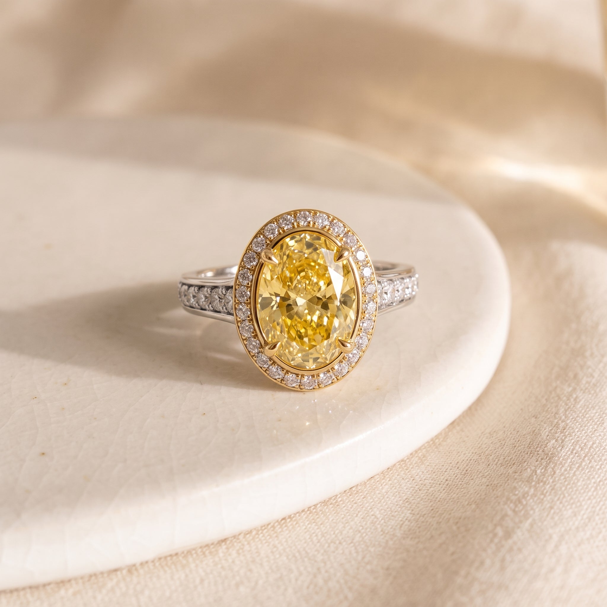 3.5Cttw Oval Shaped Yellow Lab Grown Diamond (F/VS) Bold Accented Statement Engagement Ring in 14K Gold