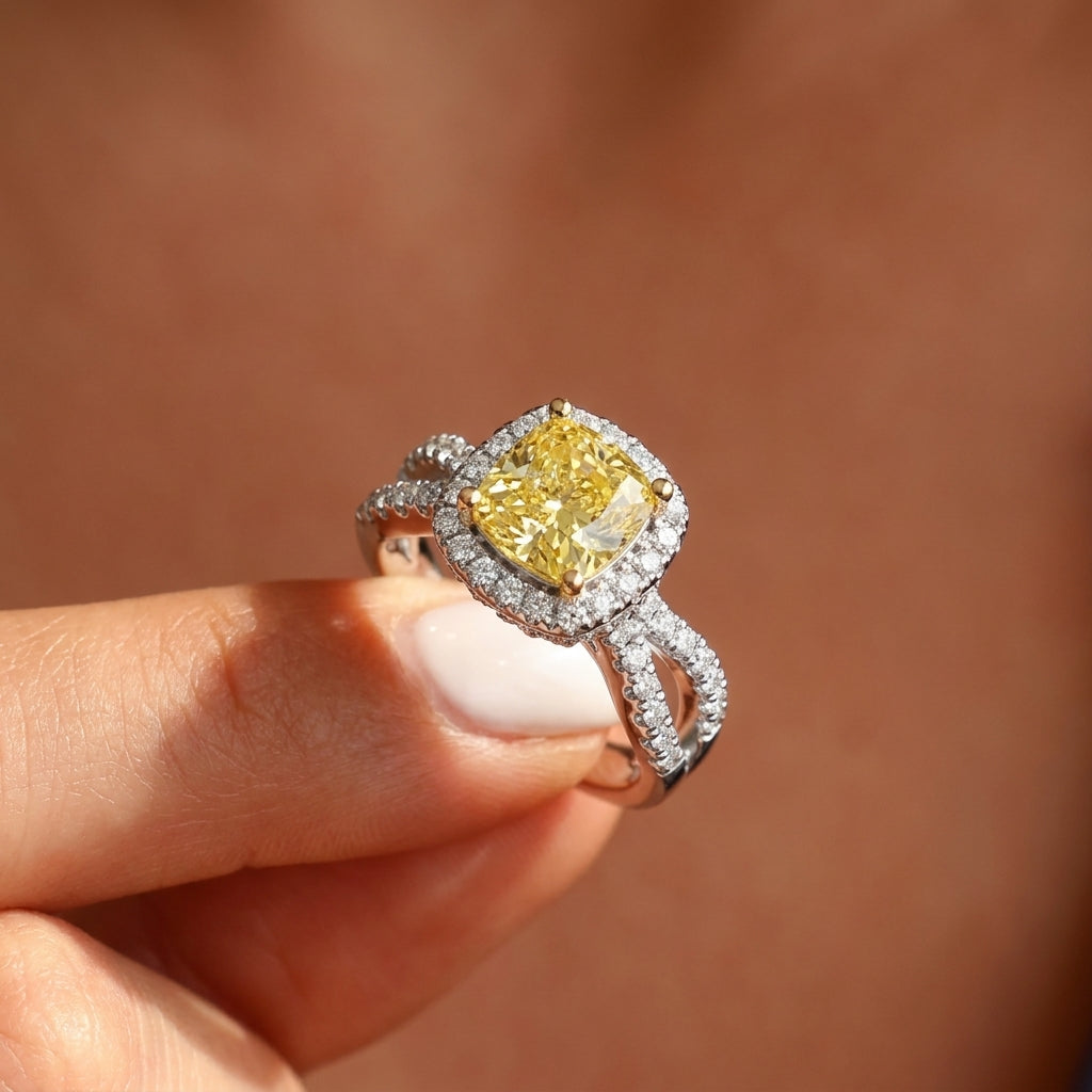2.25Cttw Elongated Cushion Shaped Yellow Lab Grown Diamond (F/VS) Engagement Ring in 14K Gold