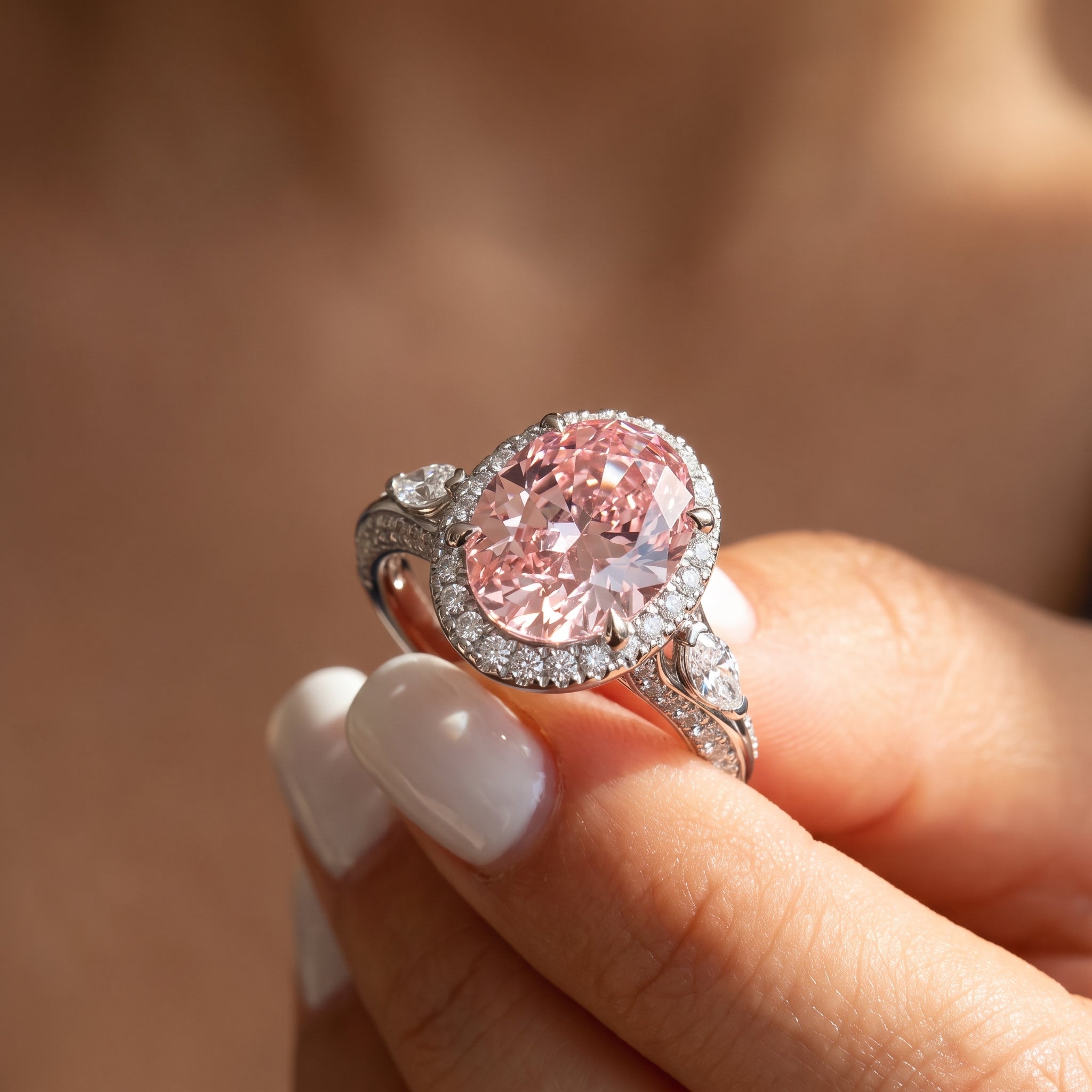 3Cttw Oval Shaped Pink Lab Grown Diamond (F/VS) Three Stone Halo Engagement Ring in 14K Gold