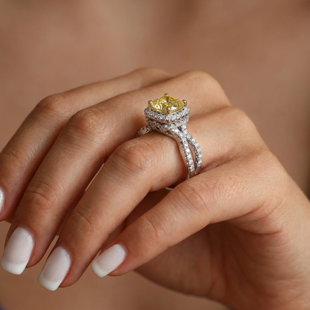 2.25Cttw Elongated Cushion Shaped Yellow Lab Grown Diamond (F/VS) Engagement Ring in 14K Gold