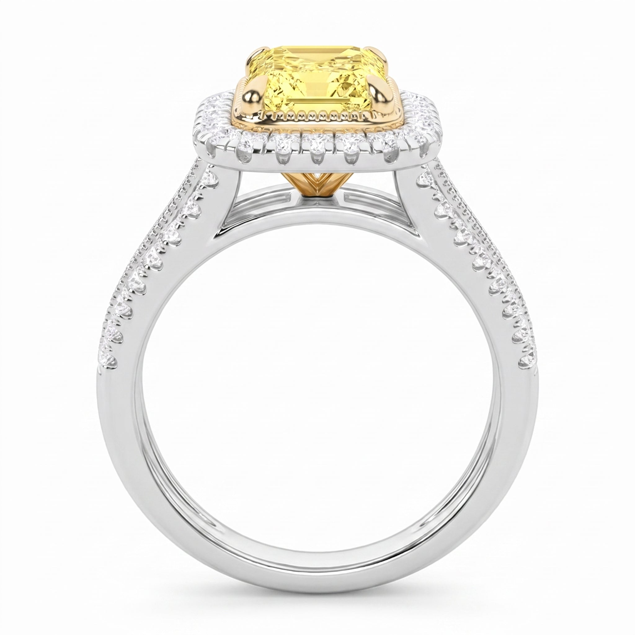 2.5Cttw Radiant Shaped Fancy Yellow Lab Grown Diamond (F/VS) Split Shank Halo Engagement Ring in 14K Gold
