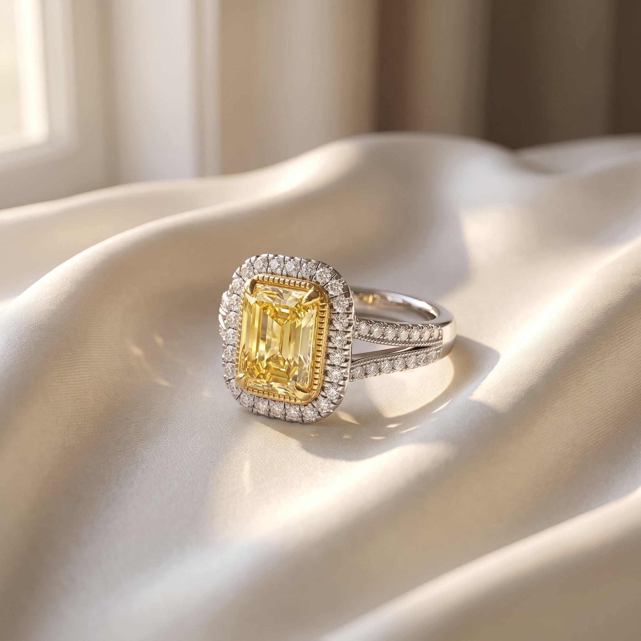 2.5Cttw Radiant Shaped Fancy Yellow Lab Grown Diamond (F/VS) Split Shank Halo Engagement Ring in 14K Gold