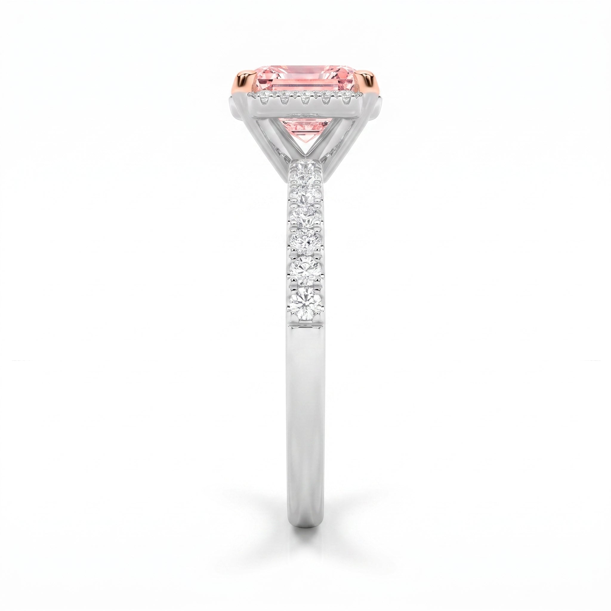 2Cttw Emerald Shaped Pink Lab Grown Diamond (F/VS) Halo Accented Engagement Ring in 14K Gold