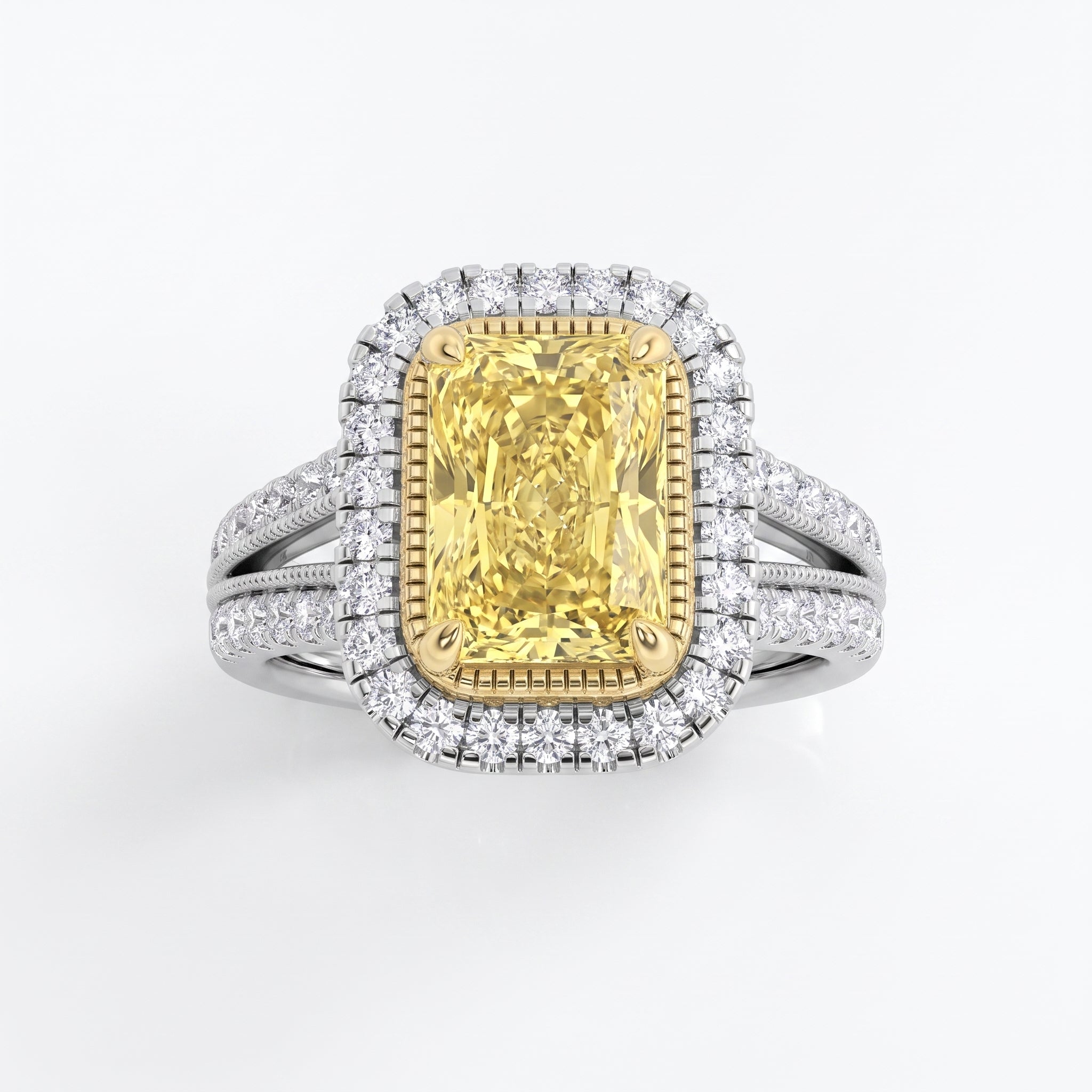 2.5Cttw Radiant Shaped Fancy Yellow Lab Grown Diamond (F/VS) Split Shank Halo Engagement Ring in 14K Gold