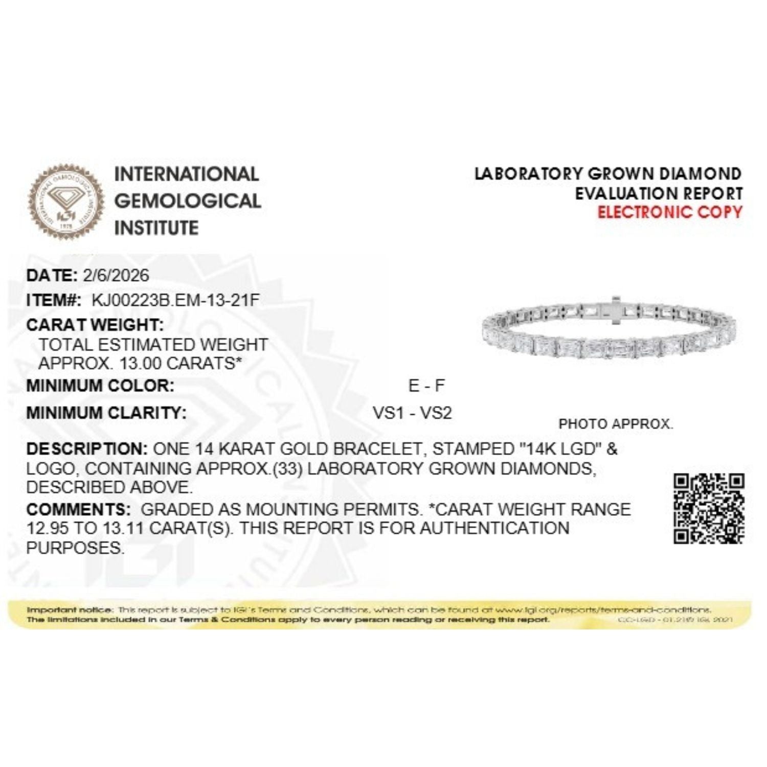 13Cttw Emerald Shaped Lab Grown Diamond (F/VS) Classic Line Bracelet in 14K Gold