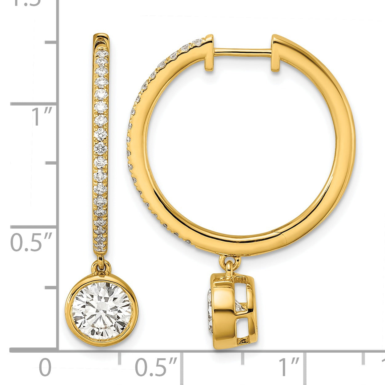 14k Yellow Gold Round Bezel Dangle Lab Grown Diamond Hoop Earrings