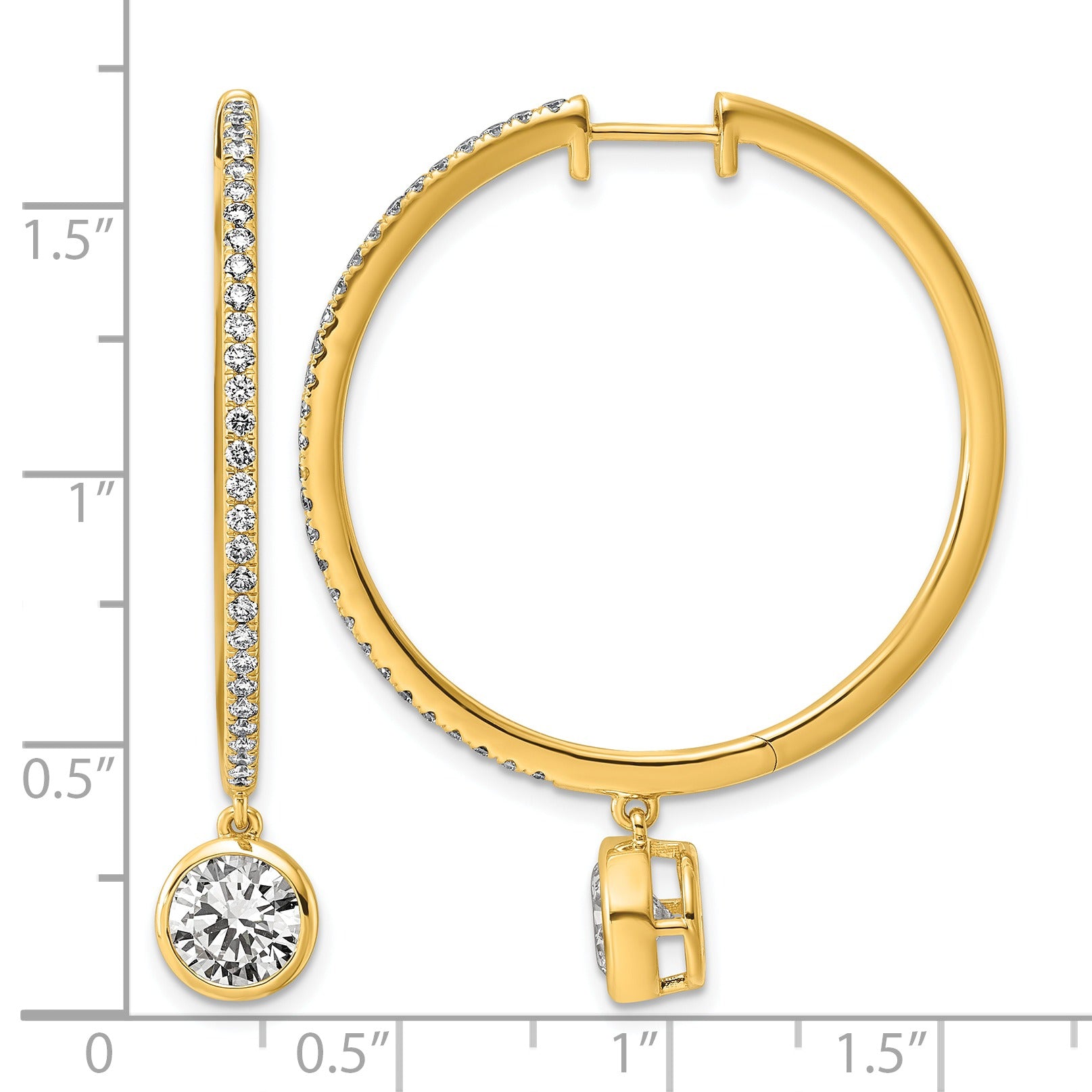 14k Yellow Gold Round Bezel Dangle Lab Diamond Hoop Earrings