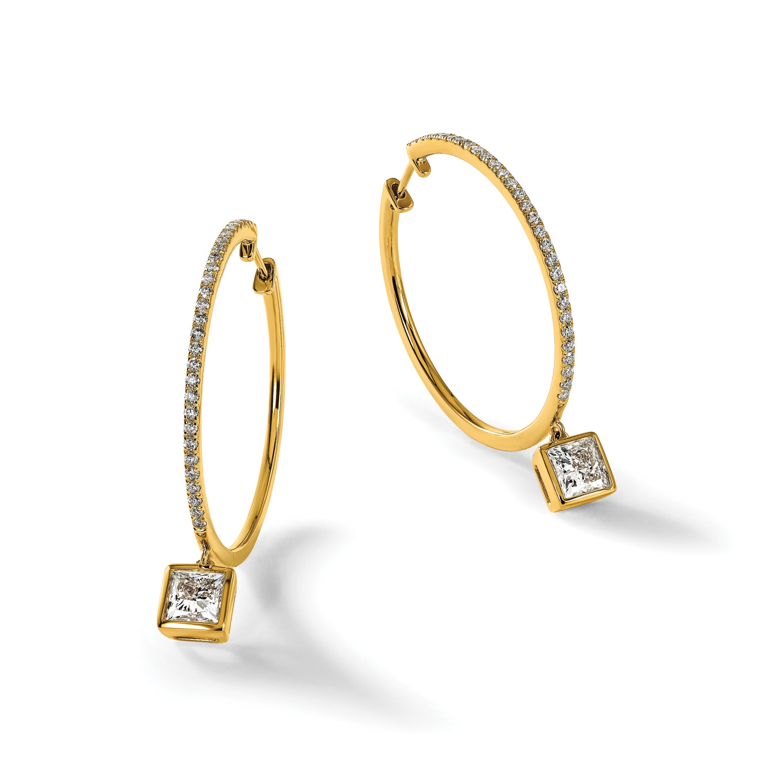 14k Yellow Gold  Princess Bezel Dangle Lab Grown Diamond Hoop Earrings