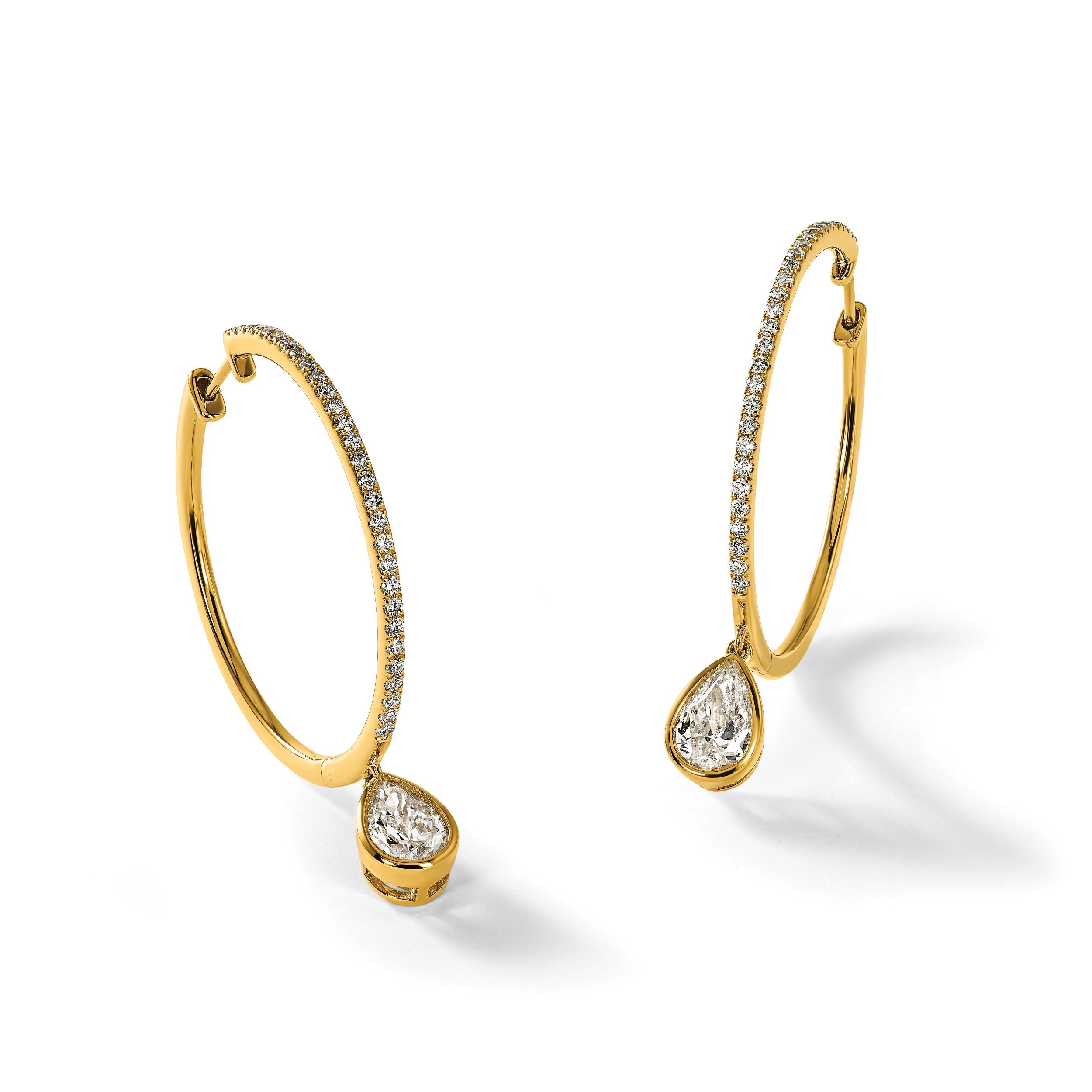 14k Yellow Gold Pear Bezel Dangle Lab Grown Diamond Hoop Earrings