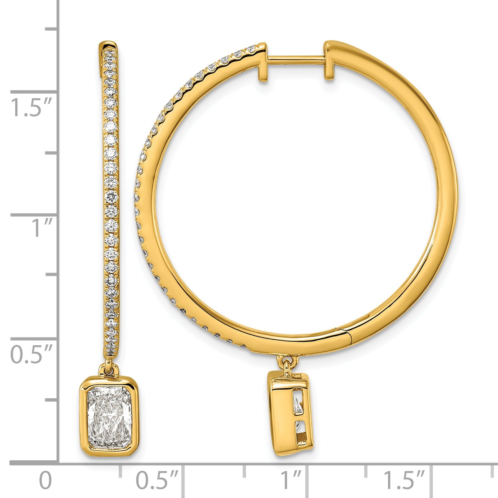 14k Yellow Gold Emerald Bezel Dangle Lab Diamond Hoop Earrings