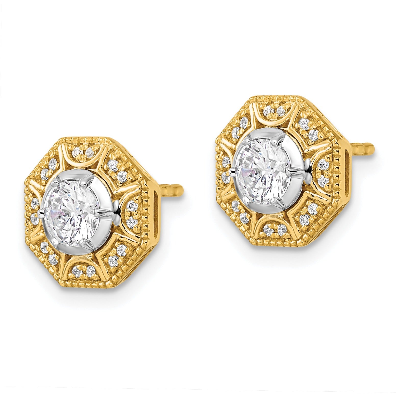 14K Two Tone Lab Grown Diamond Octogon Halo Post Stud Earrings