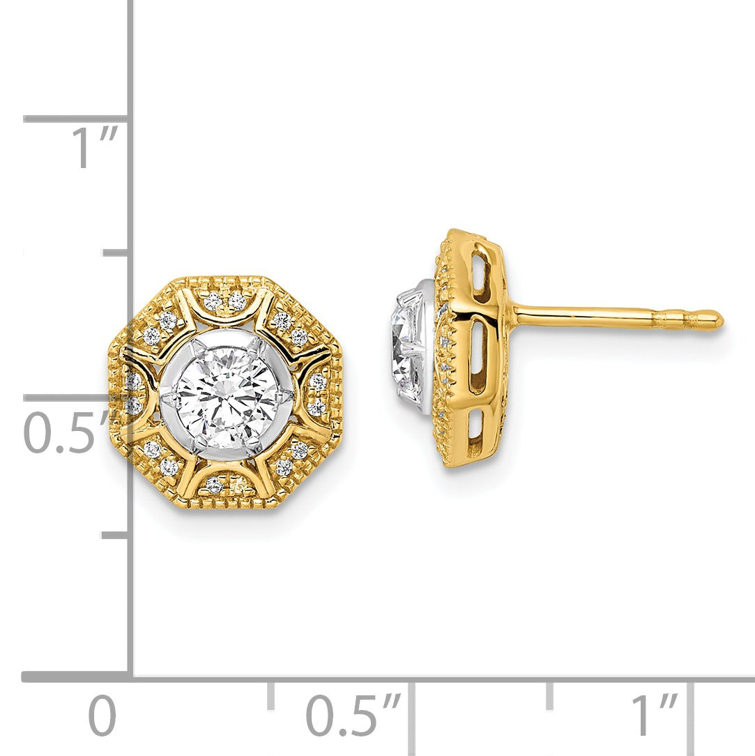 14K Two Tone Lab Grown Diamond Octogon Halo Post Stud Earrings