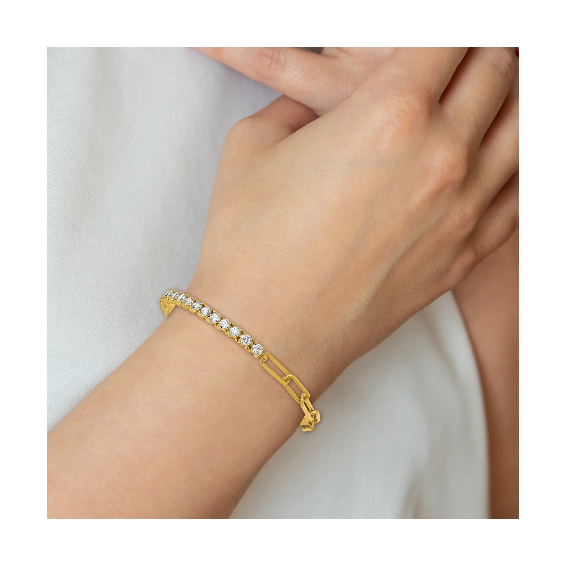 14K Gold Lab Grown Diamond Half Paperclip Fancy Link Bracelet