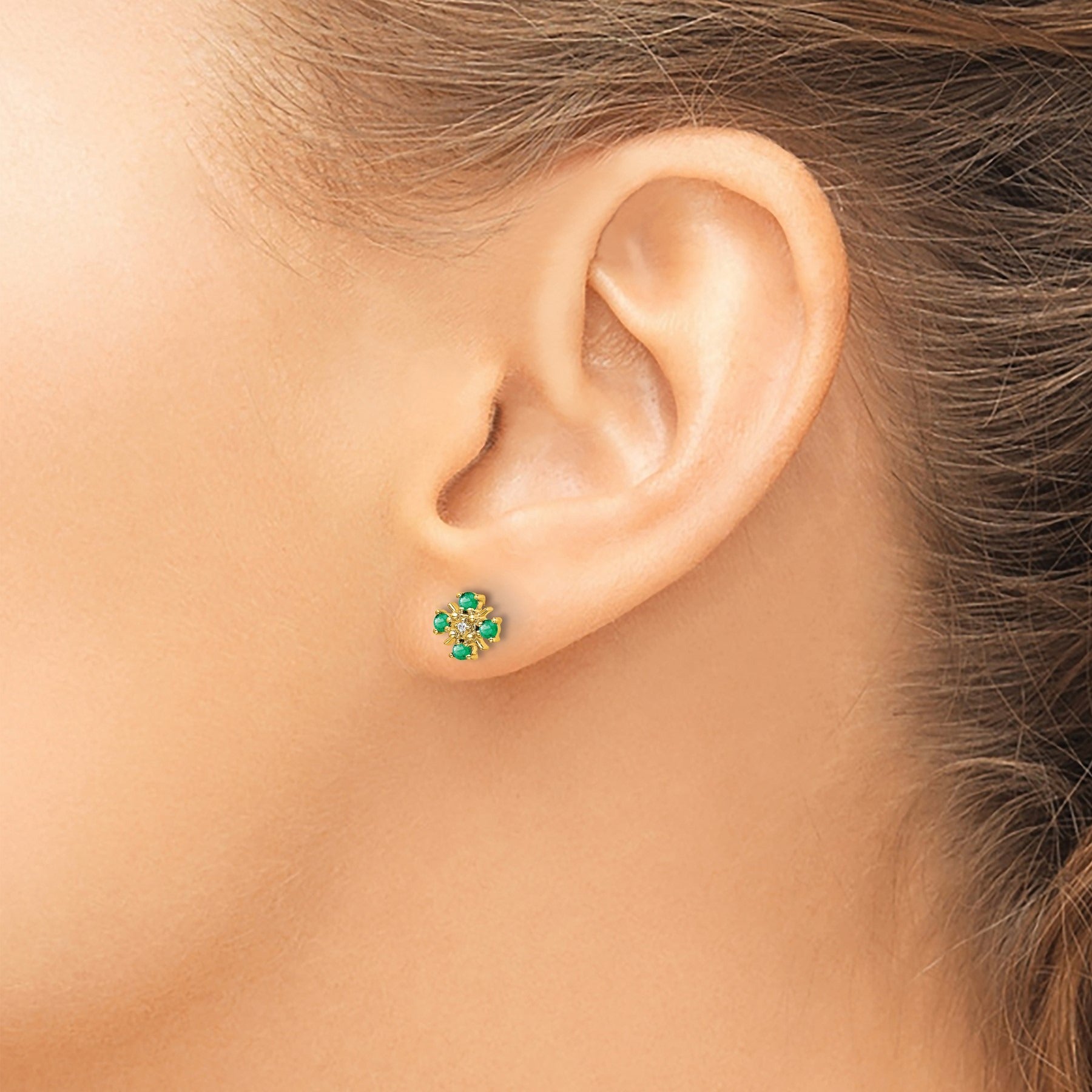 14k Gold .01 carat Lab Grown Diamond and Created Emerald Studs Earrings
