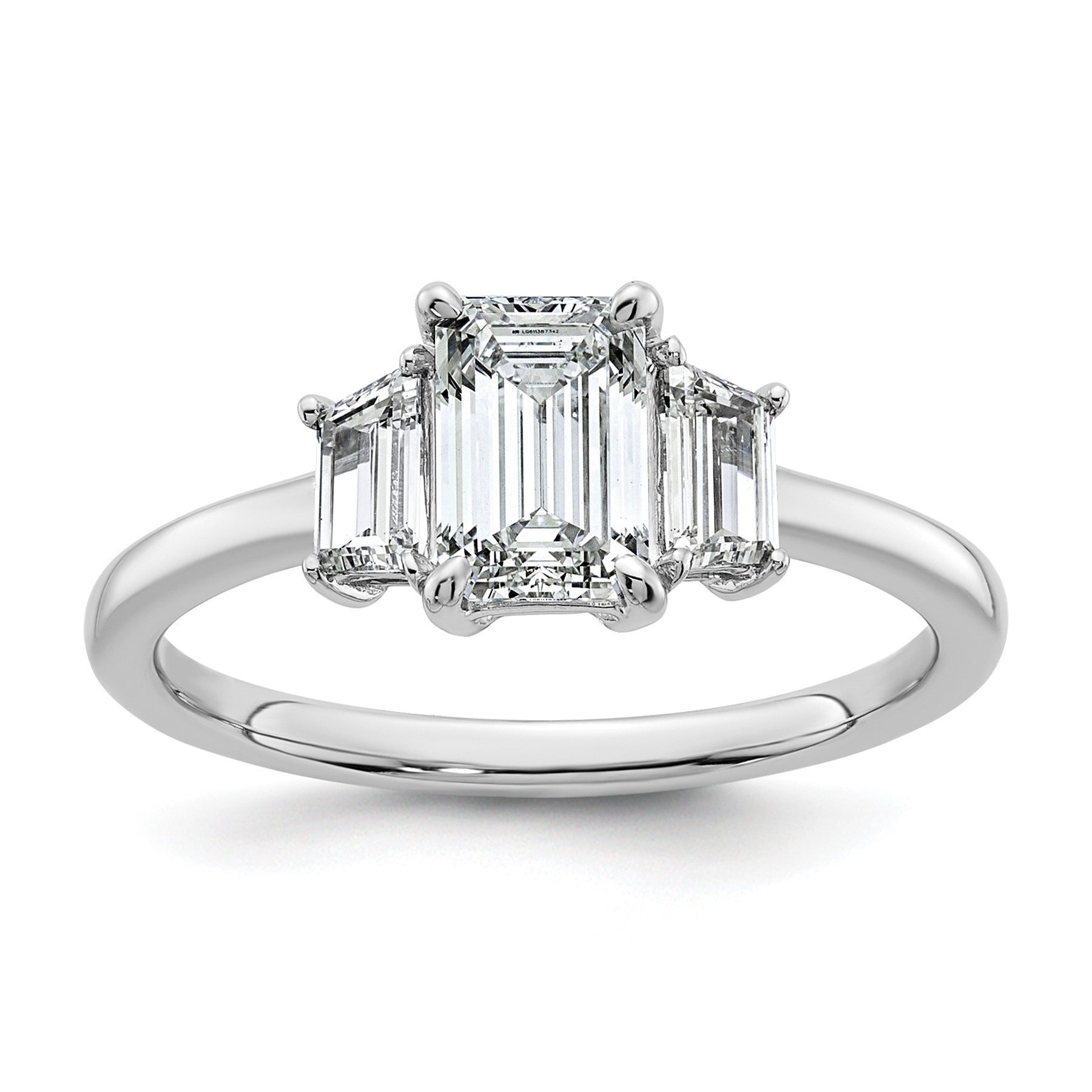 14k White Gold Diamond Emerald and Trapezoid 3-Stone Bridal Rings