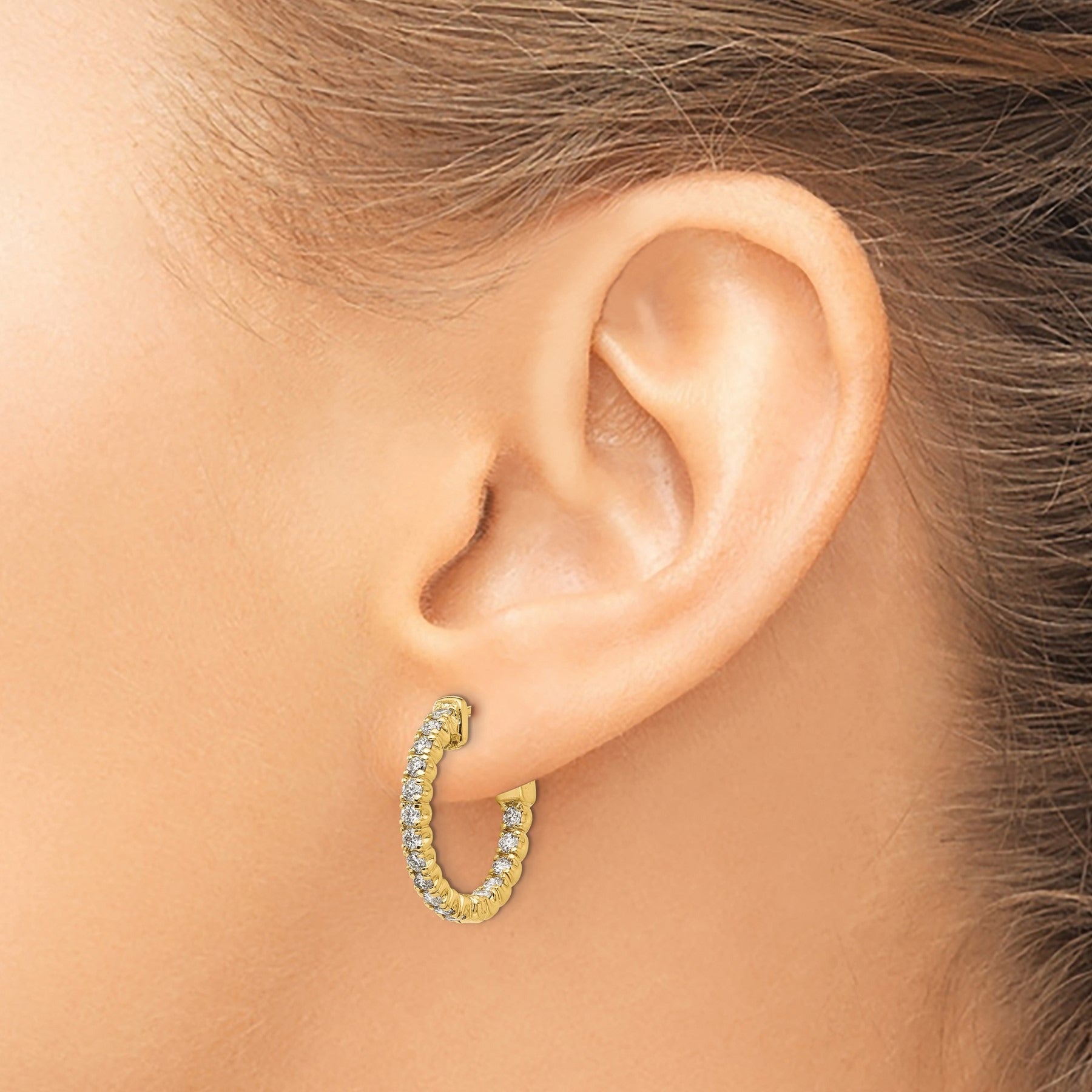 14k Gold Diamond Round Hoop with Safety Clasp Earrings