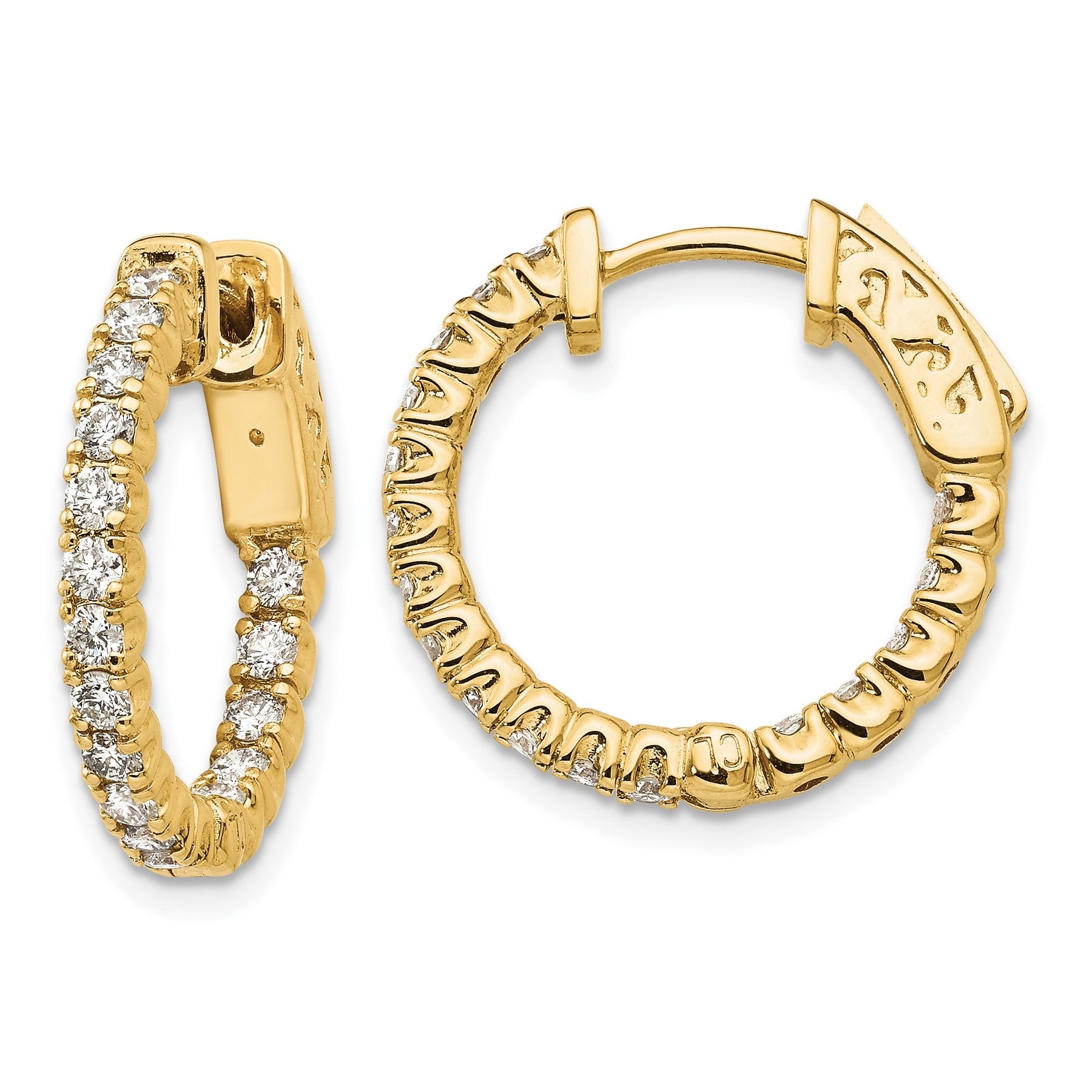 14k Gold Diamond Round Hoop with Safety Clasp Earrings