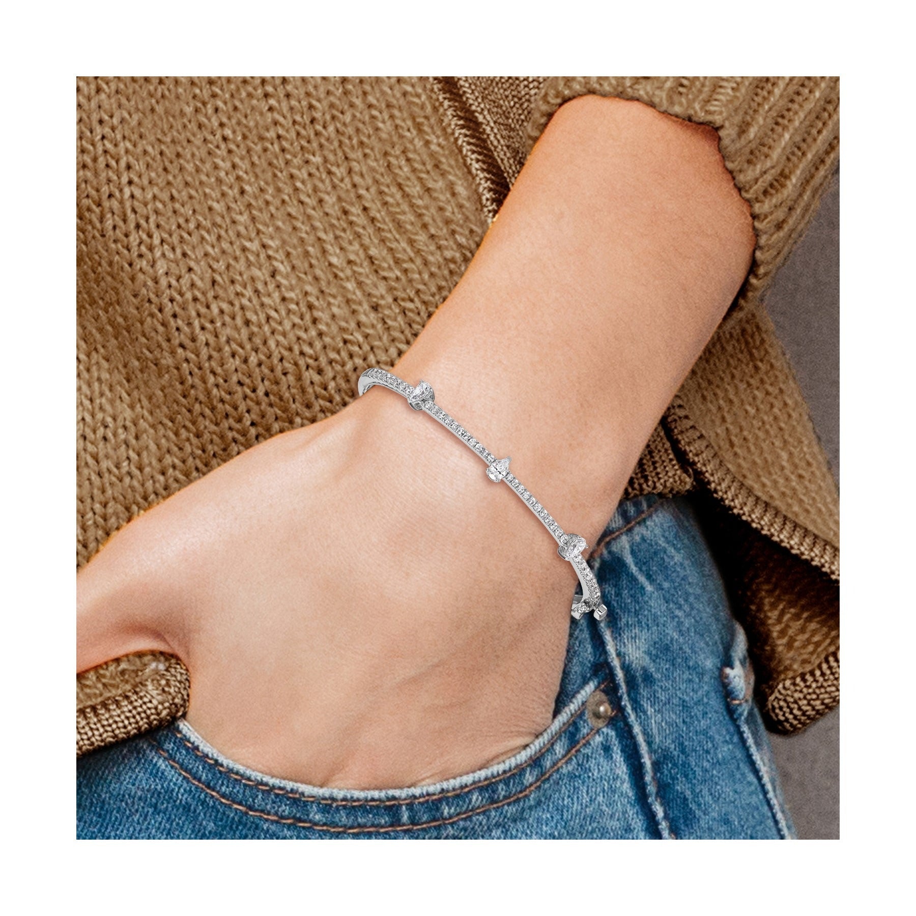 14k White Gold  Lab Diamond Round and Pear Hinged Bangle Bracelet