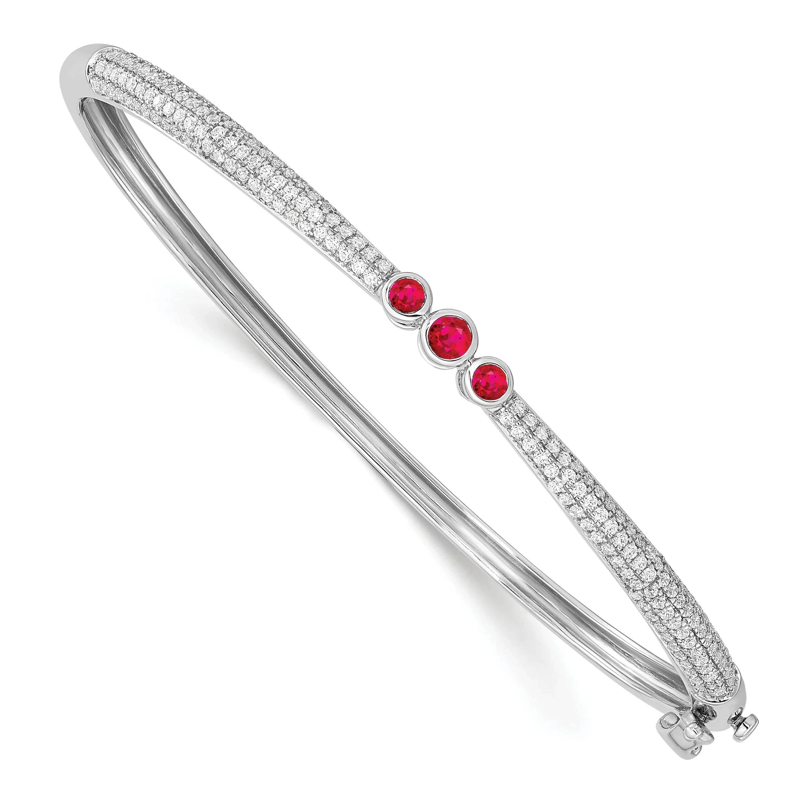 14k White Gold Lab Grown Diamond and Lab Created Ruby Bangle Bracelet