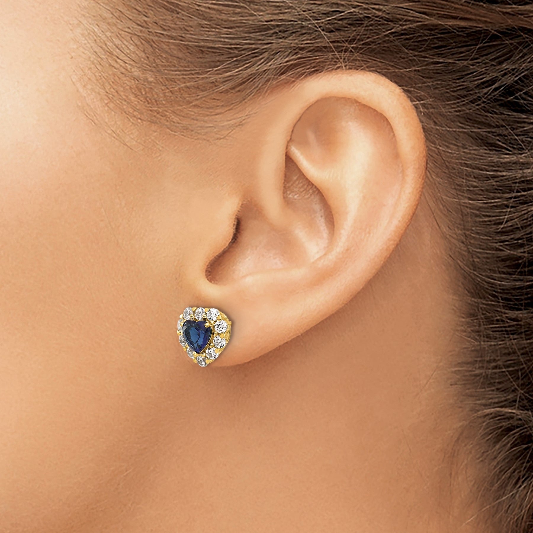 14K Yellow Gold Lab Grown Diamond and Sapphire Halo Heart Stud Earrings